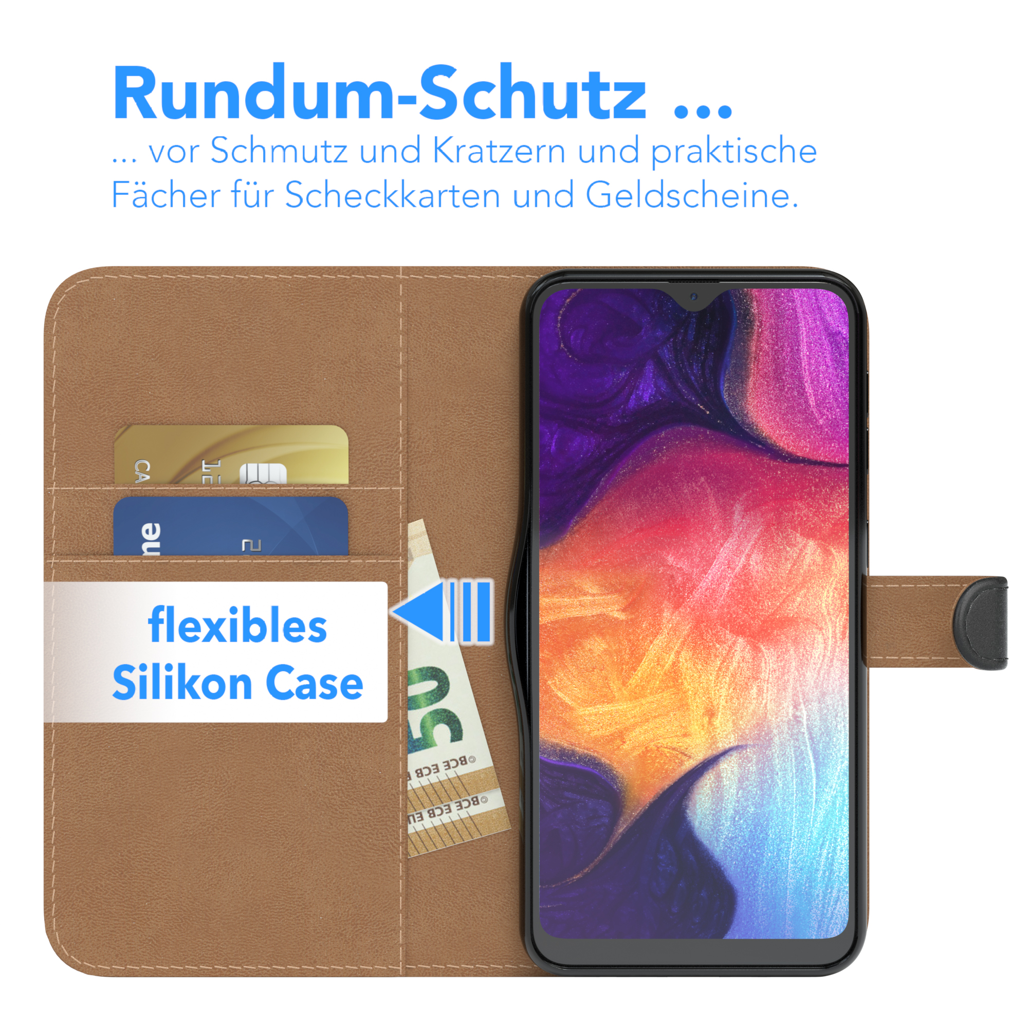 Offene Handyhülle mit Kartenfächern und Bargeld. Ein Telefon mit bunten Formen ist in der Hülle.