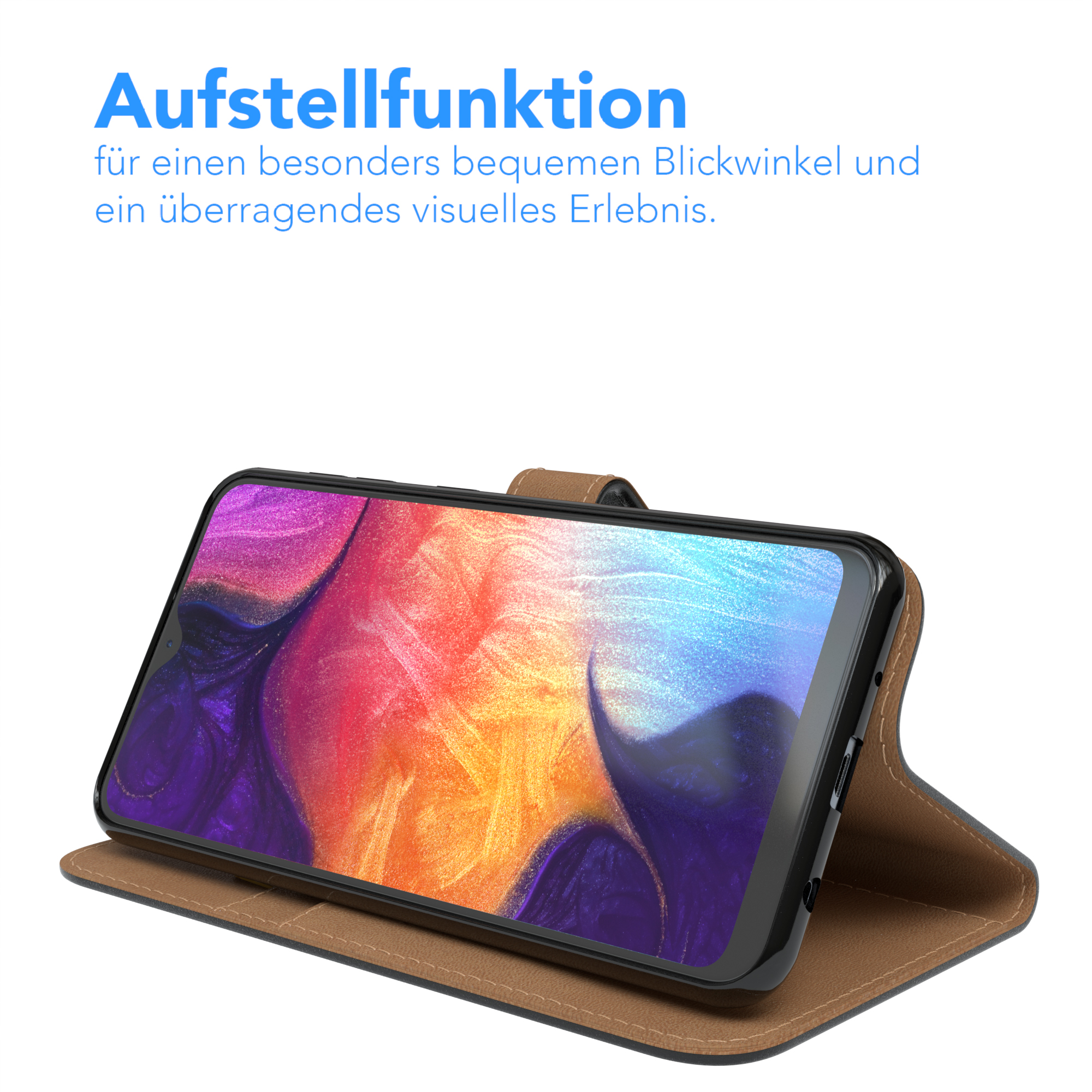 Ein Telefon in einer braunen Hülle ist nach oben geneigt und demonstriert seine Standfunktion.