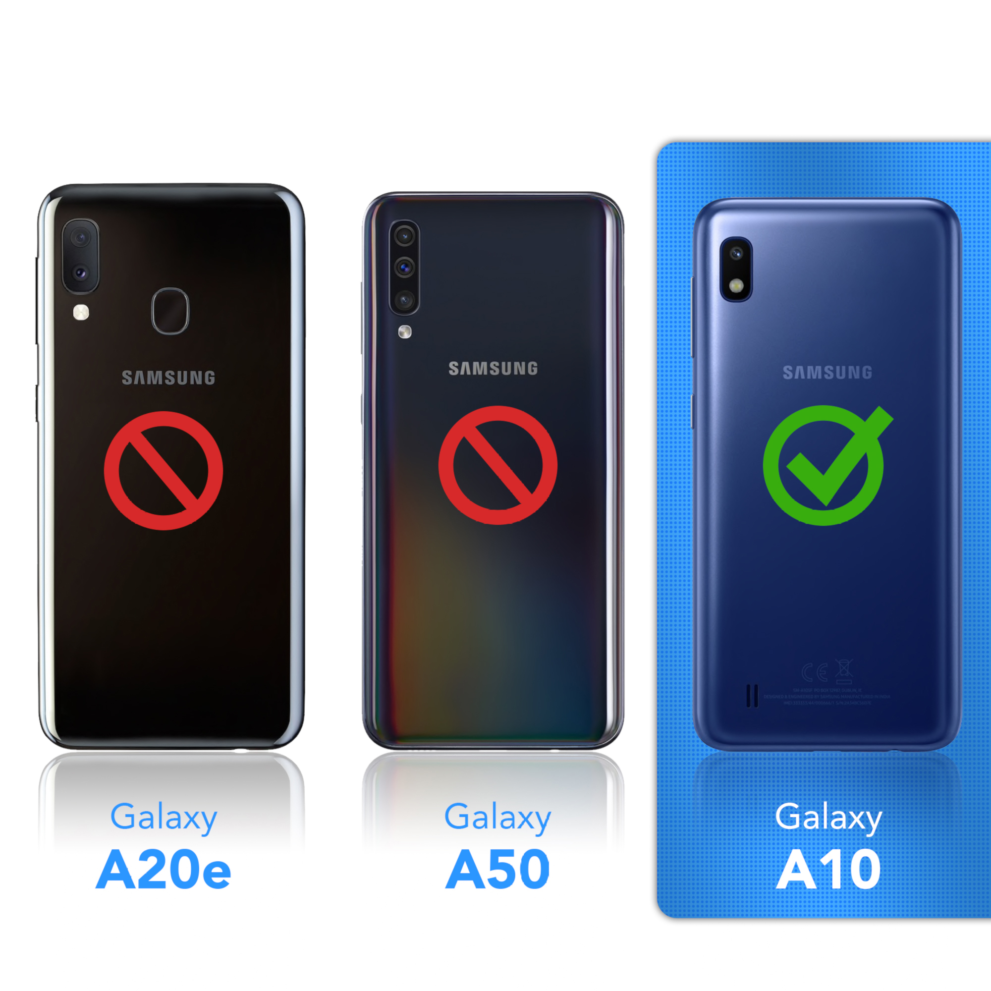 Drei Telefone: Galaxy A20e mit rotem X, Galaxy A50 mit rotem X und Galaxy A10 mit grünem Häkchen.