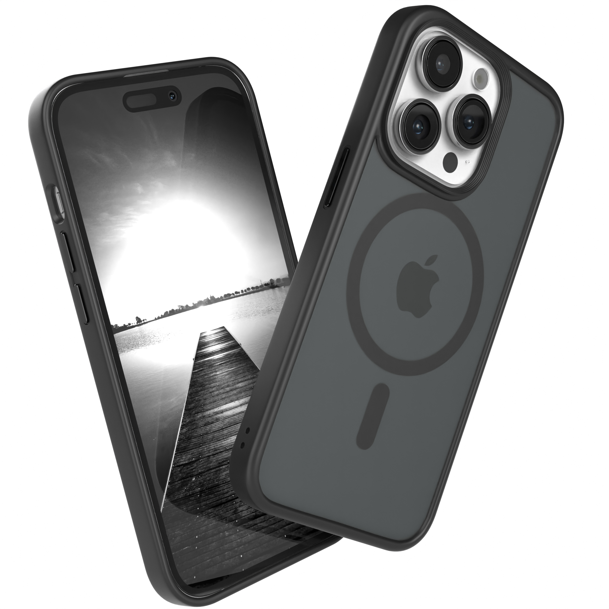 Schwarze Handyhülle mit Steg-Bild und schwarze Handyhülle mit Apple-Logo.
