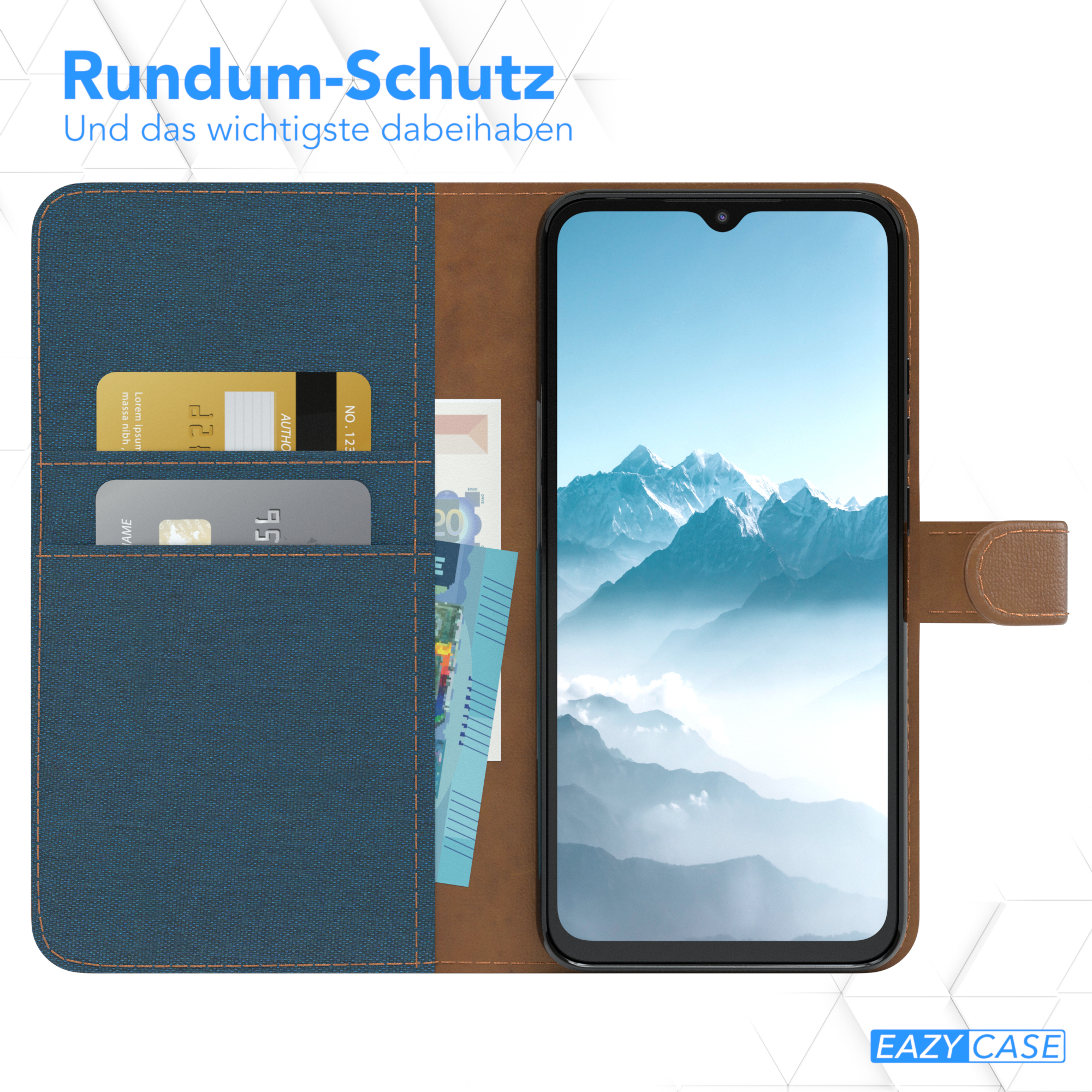 Handyhülle mit Kreditkarten und Geld. Text: „Rundumschutz“.