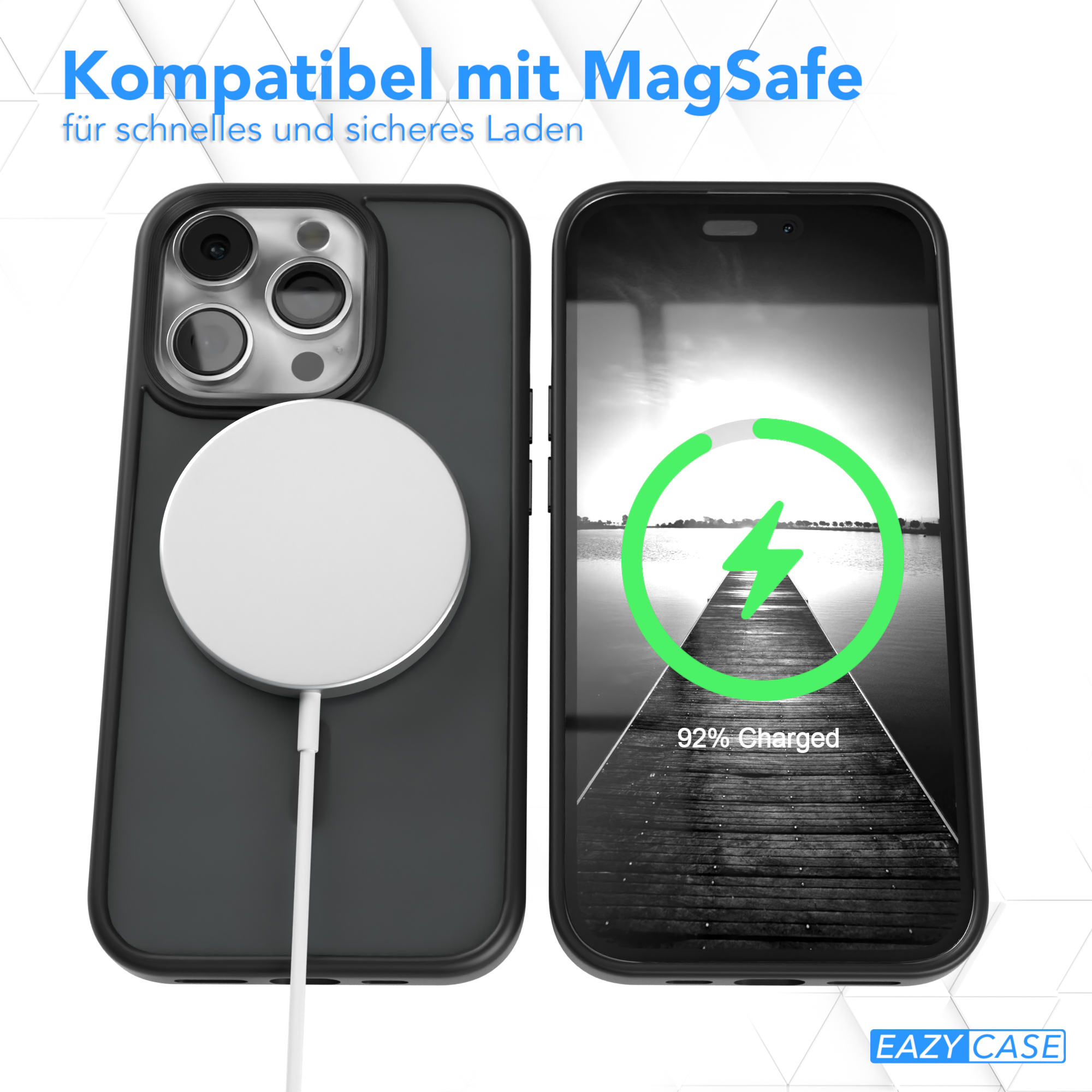 Telefon kabellos aufladen, mit Ladepad und angebrachter Hülle, Blitzsymbol und Ladestand anzeigend.