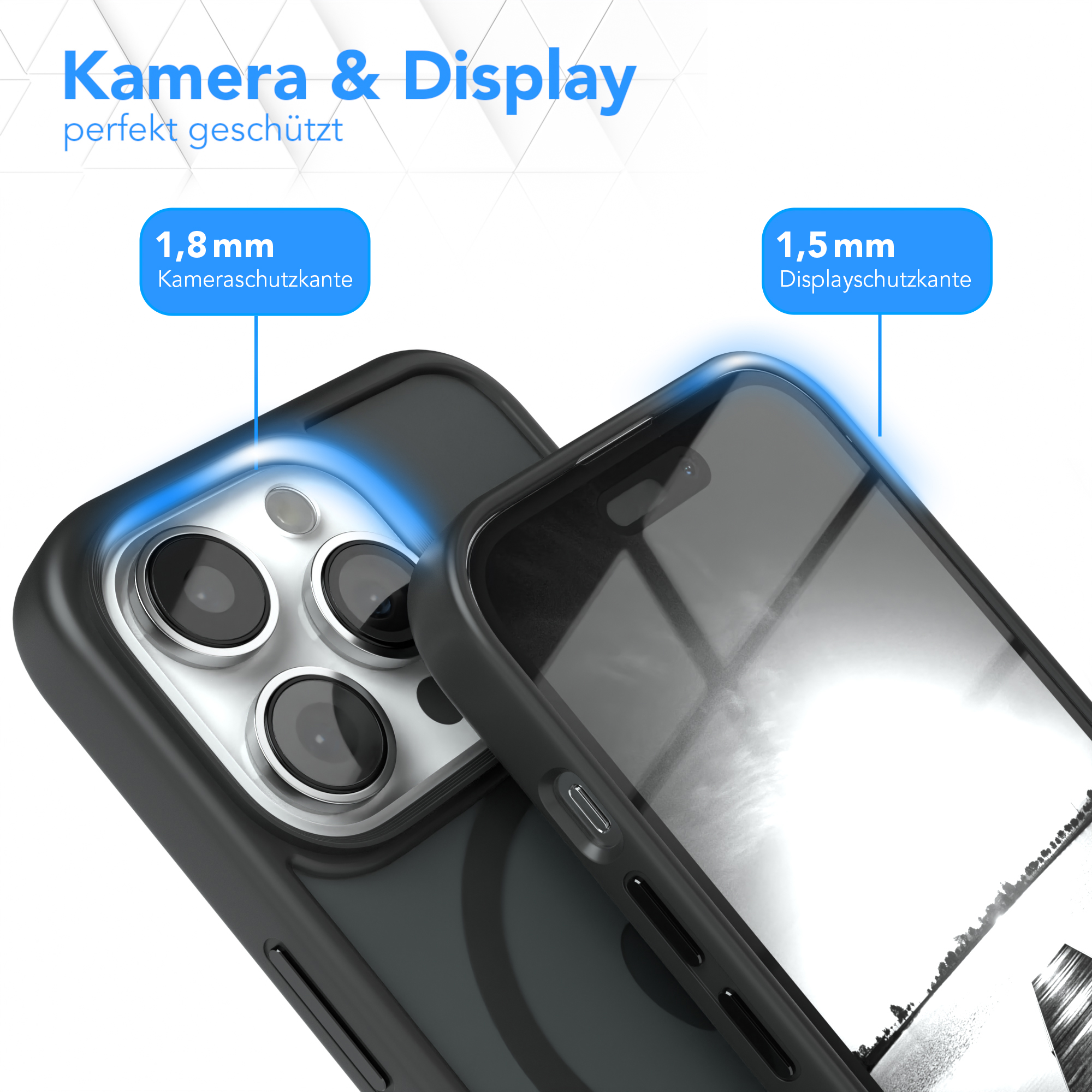 Handyhülle, die die Kamera und das Display eines Telefons schützt, mit Texten, die die Dicke des Kamera- und Displayschutzes angeben.