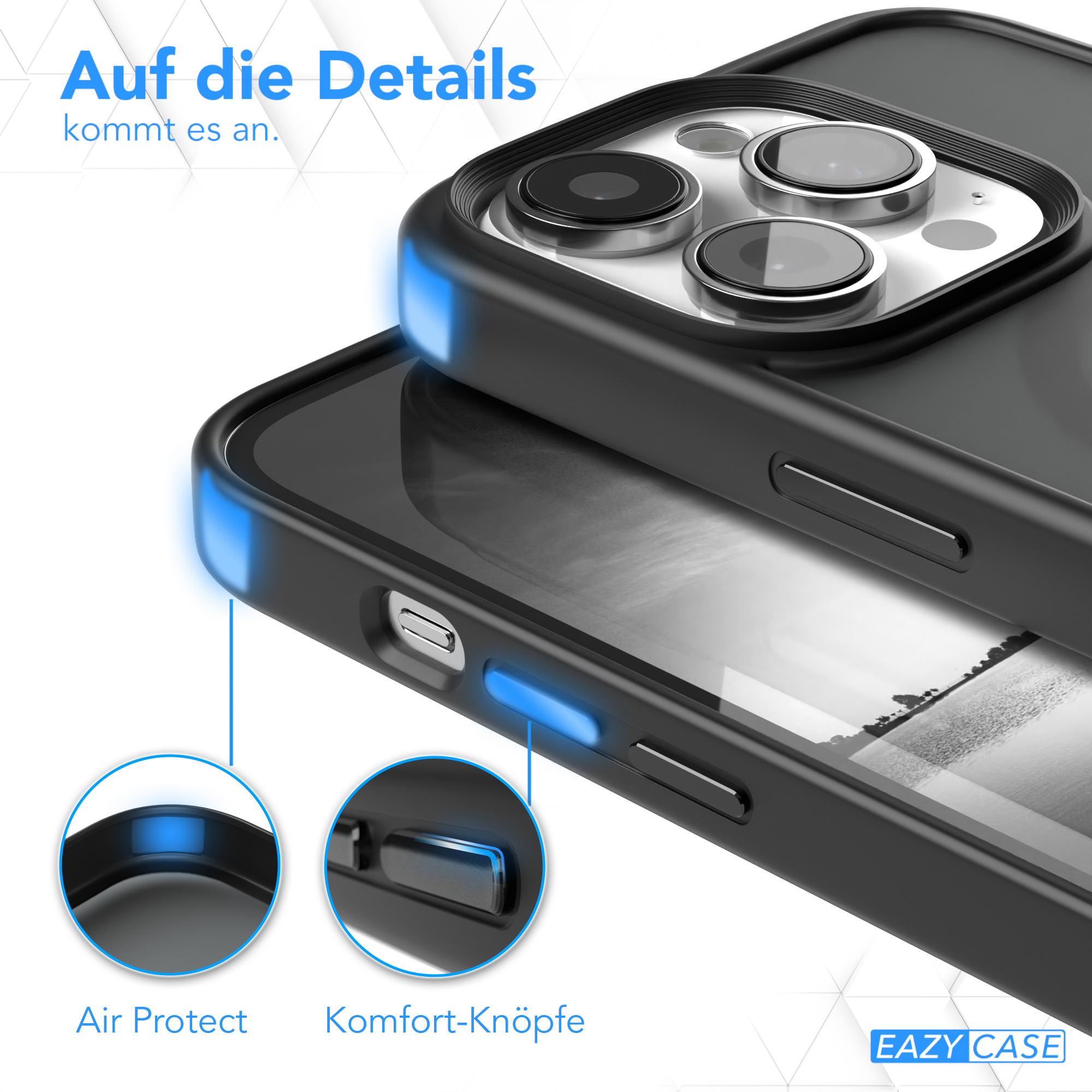 Nahaufnahme einer Handyhülle mit Air Protect und Komfort-Knöpfen, die mit blauem Licht hervorgehoben werden.