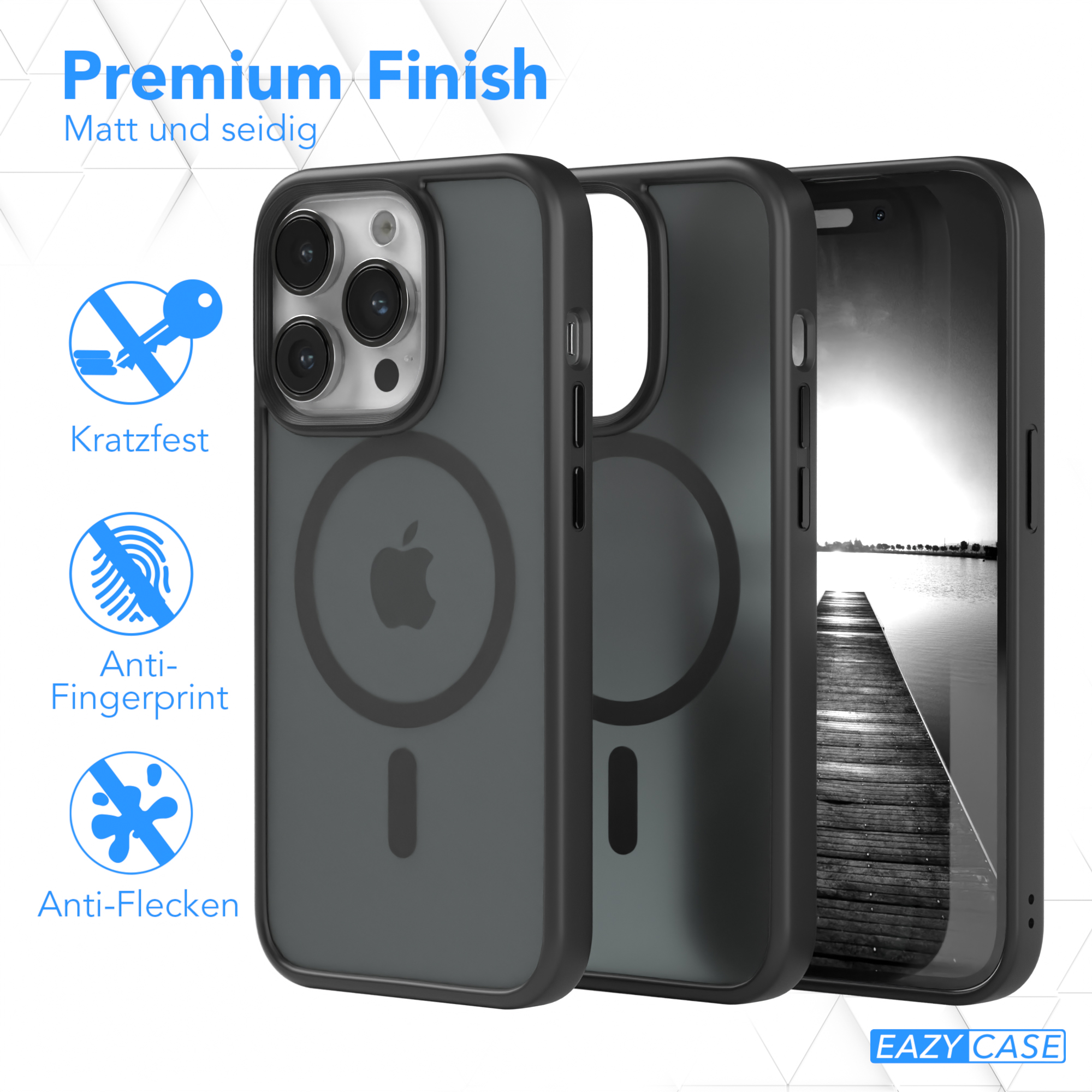 Schwarze Handyhülle mit grauem Magnetkreis, mit Aufschriften wie 'Premium Finish'.