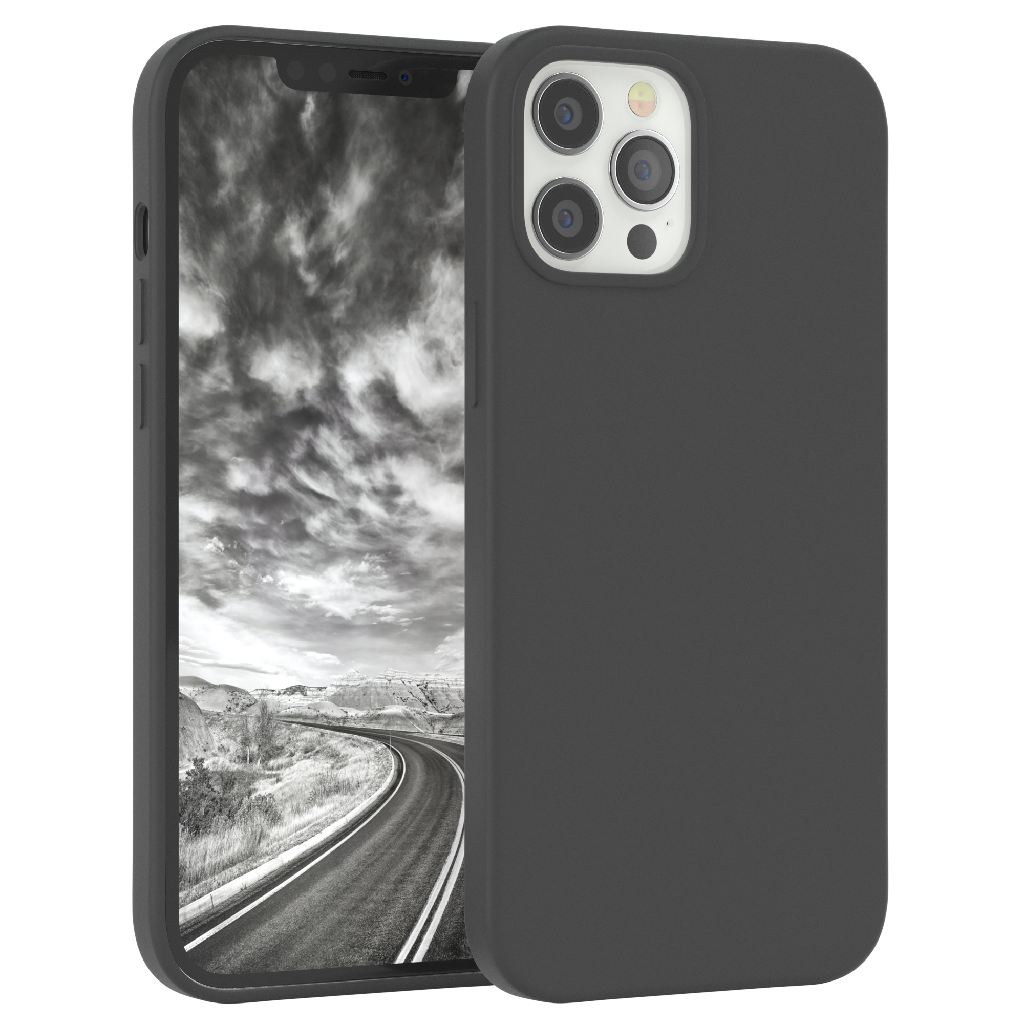 Schwarze Handyhülle mit Schwarz-Weiß-Bild einer Straße. Die Hülle ist für ein iPhone.