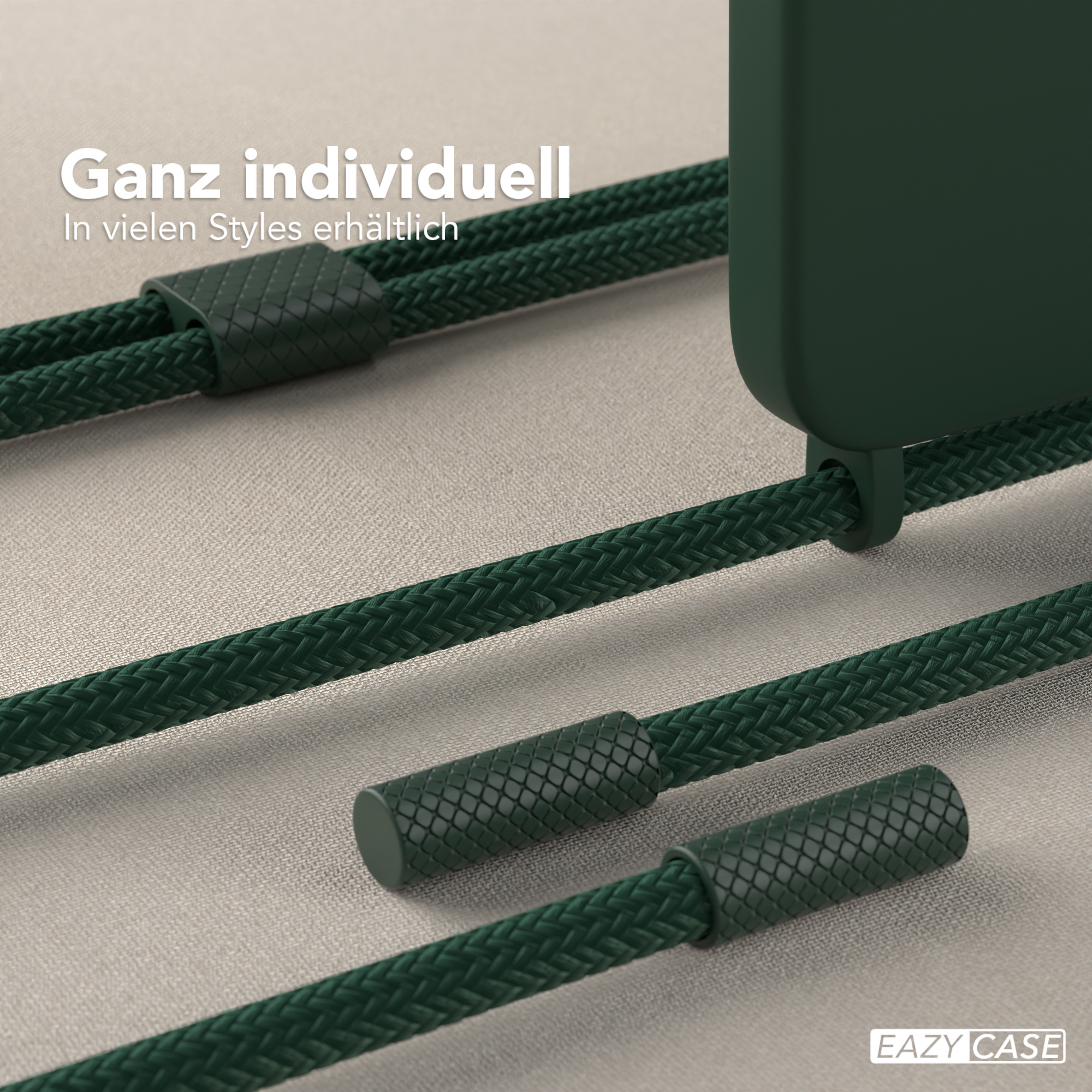 Nahaufnahme einer grünen Handyhülle mit grünem Seil und dunkelgrünen Verbindern. Text: „Individuell“.