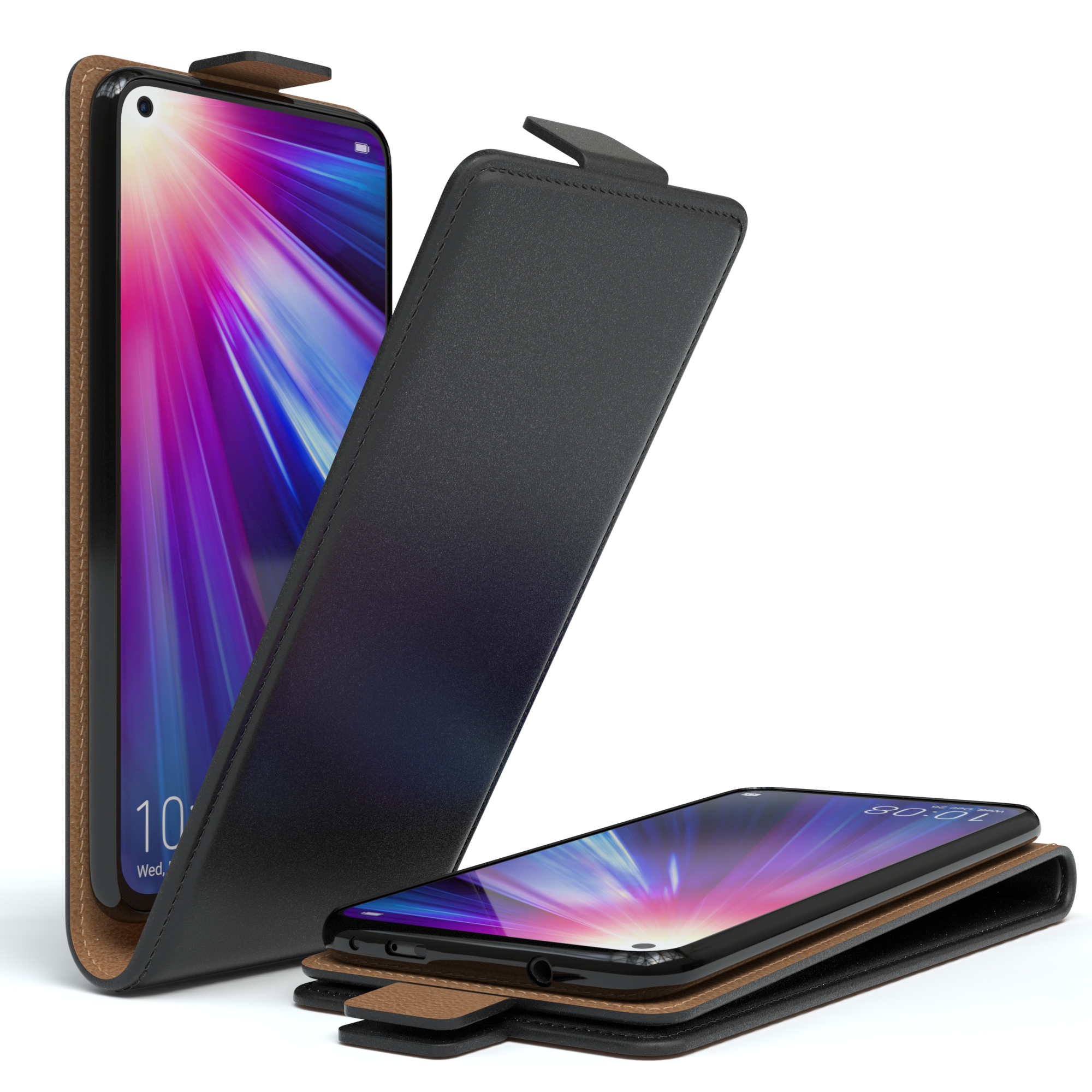 Zwei Telefone in einem Case, eins offen. Die Bildschirme zeigen bunte Bilder.