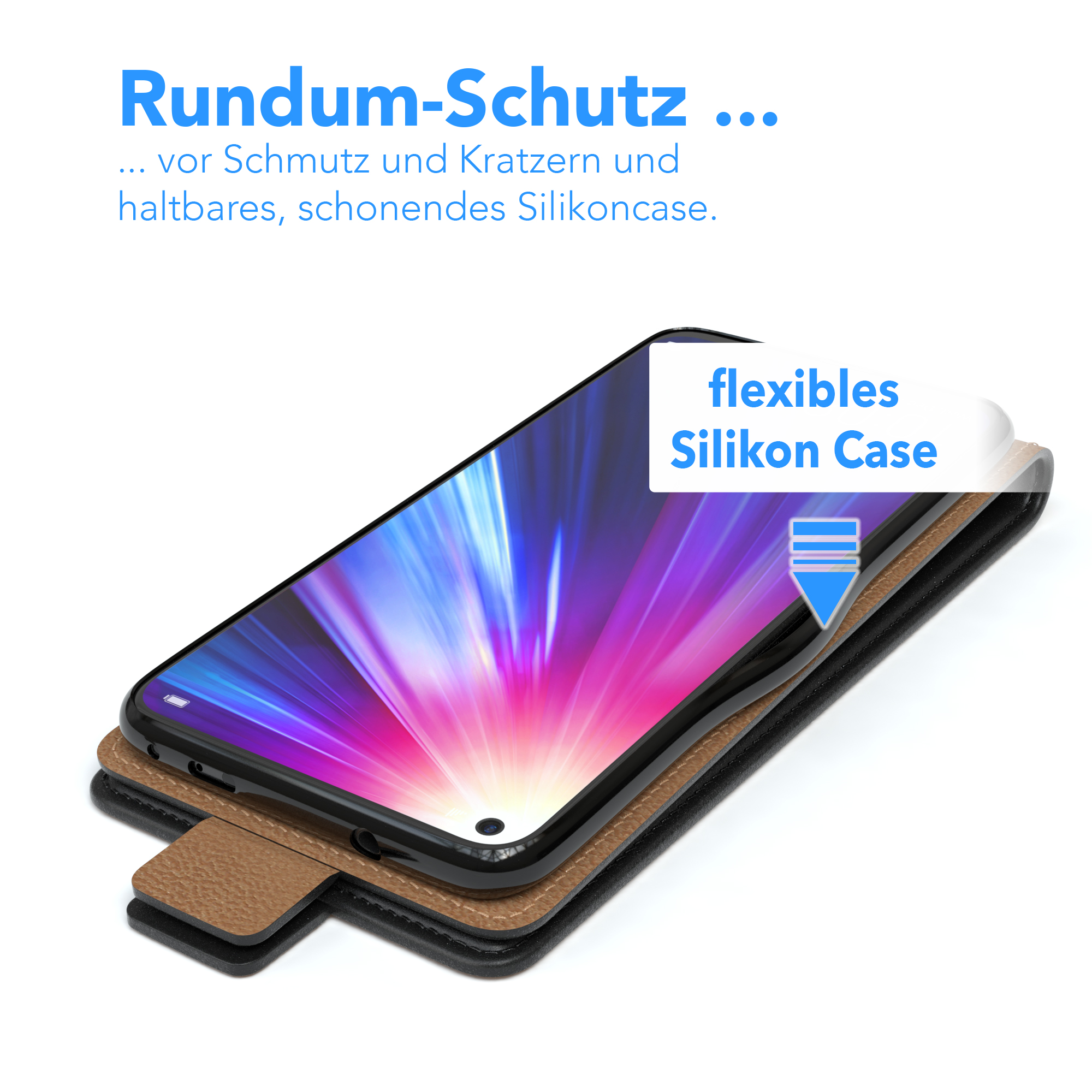Ein Smartphone in einer braunen Lederhülle, geöffnet, um den Bildschirm zu zeigen. Die Hülle schützt das Telefon.