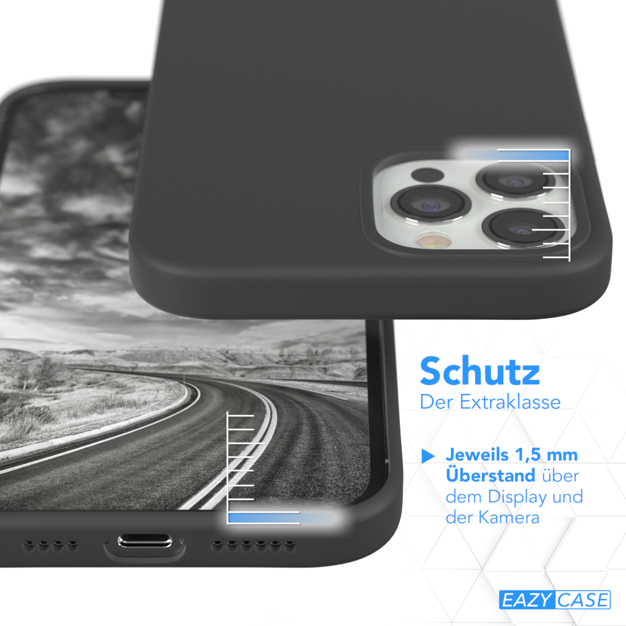 Handyhülle mit Telefon darin. Die Hülle ist schwarz. Im Hintergrund ist eine Straße zu sehen.