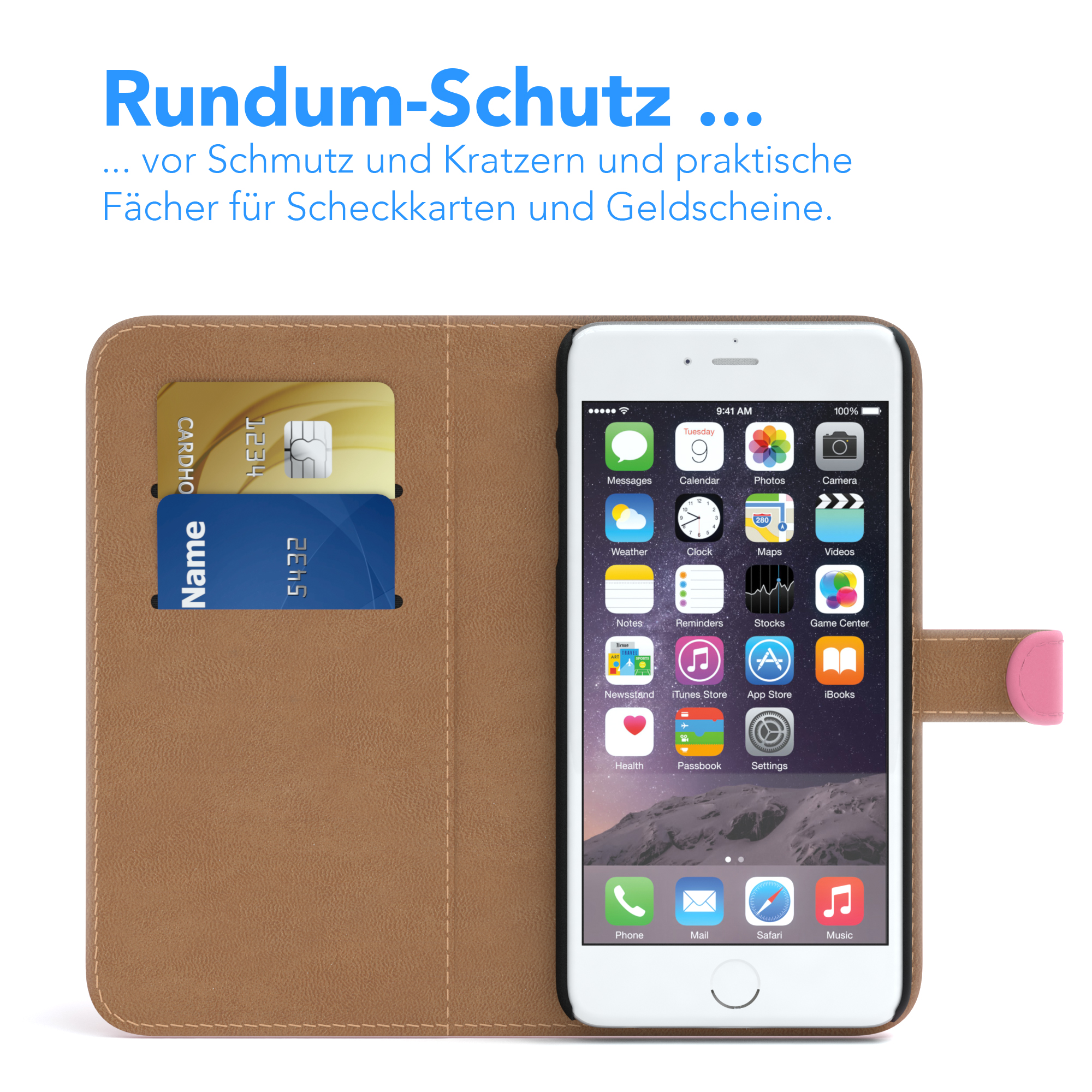 Geöffnete Handyhülle mit Telefon. Karte und Geld in Schlitzen. Text: Rundum-Schutz... vor Schmutz und Kratzern.