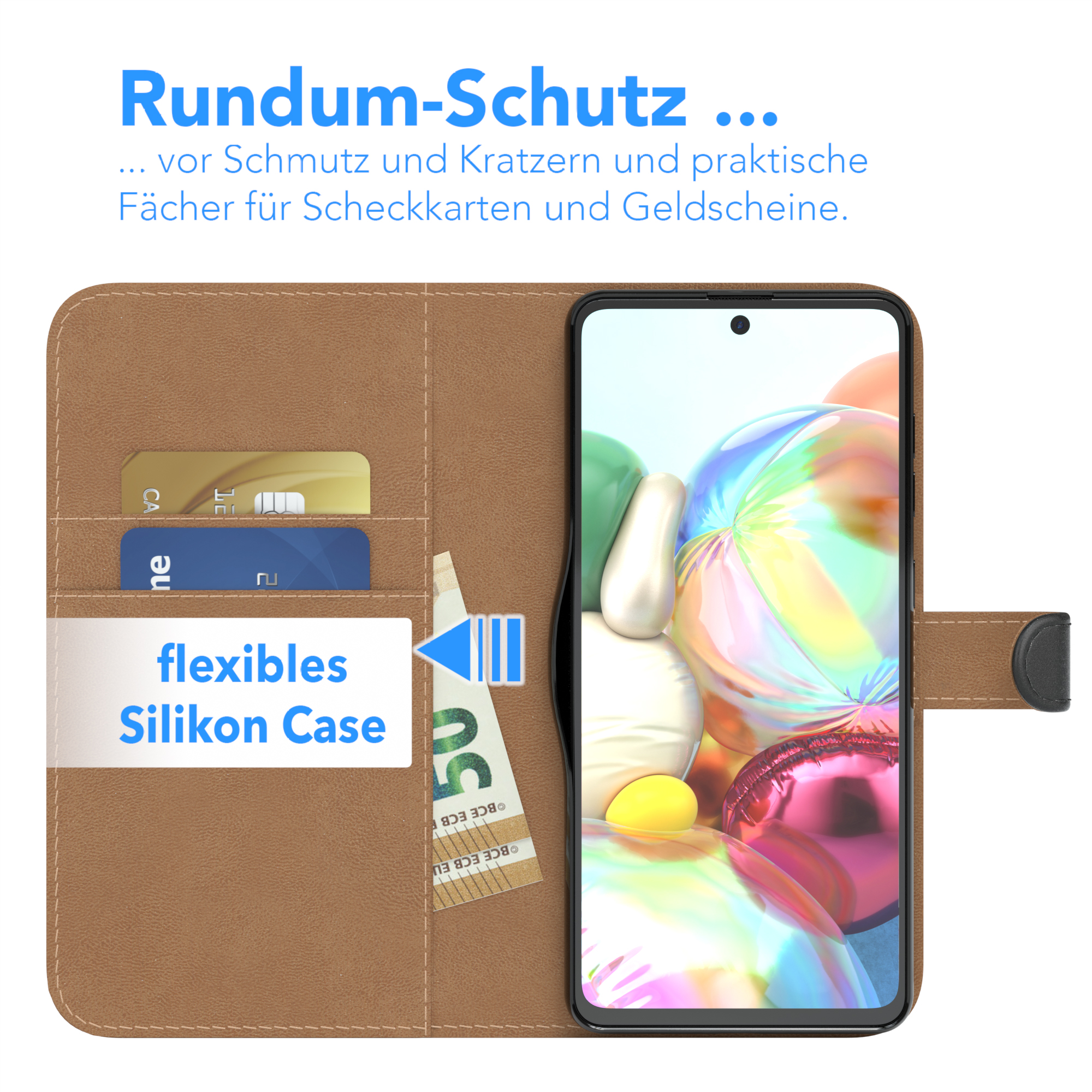 Braune Handyhülle mit Karten und Geld, mit einem Telefon, das ein farbenfrohes Bild zeigt.