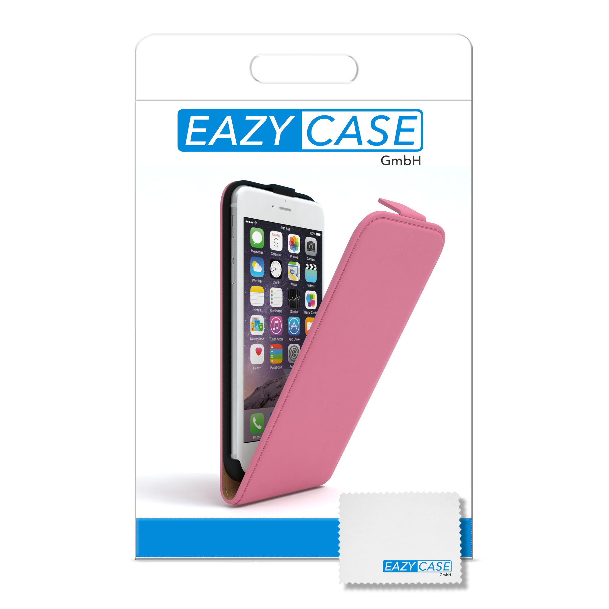 Rosa Handyhüllenverpackung mit Telefon im Inneren. Enthält ein Reinigungstuch.