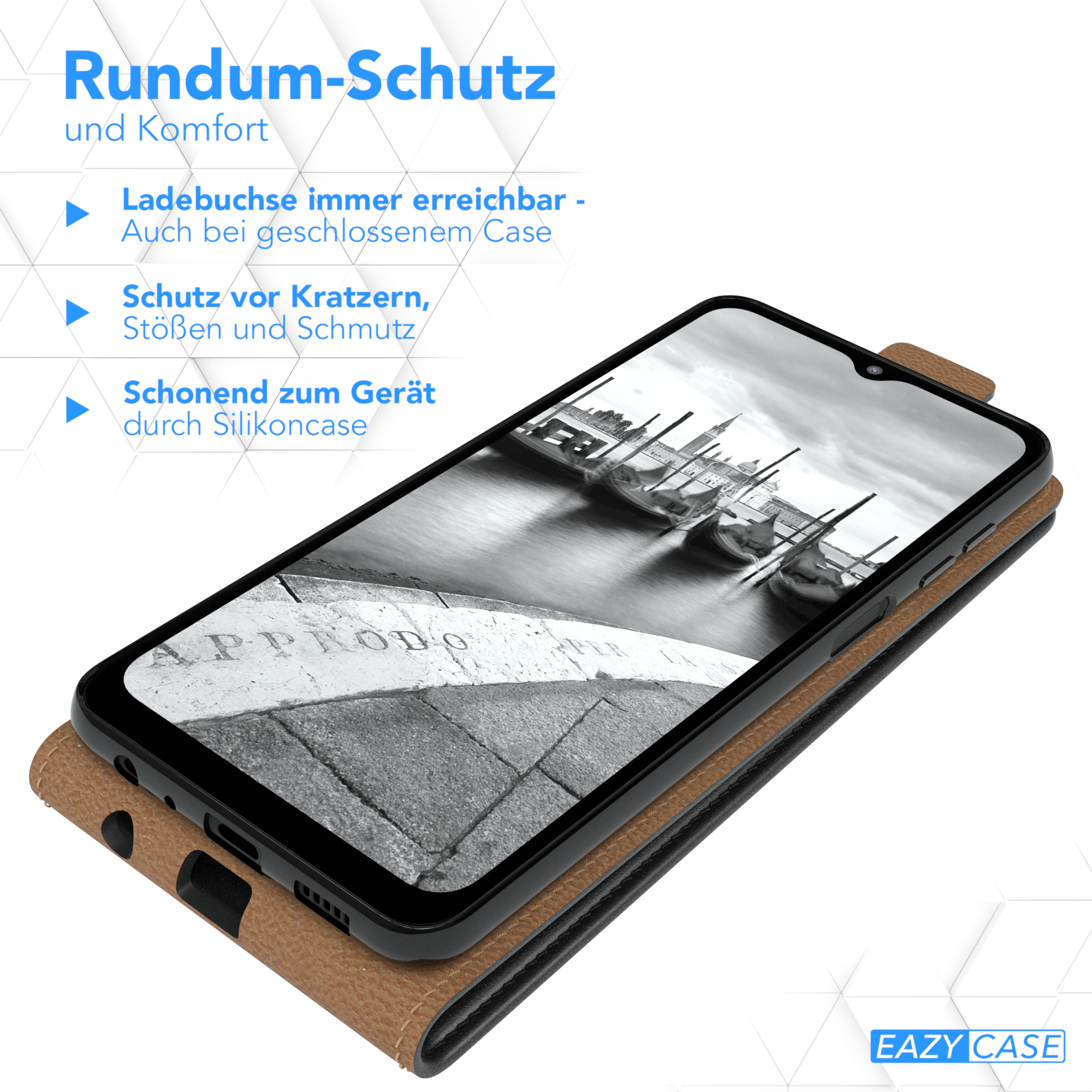 Braune Handyhülle mit Telefon, zeigt ein Schwarz-Weiß-Bild. Text ist sichtbar.