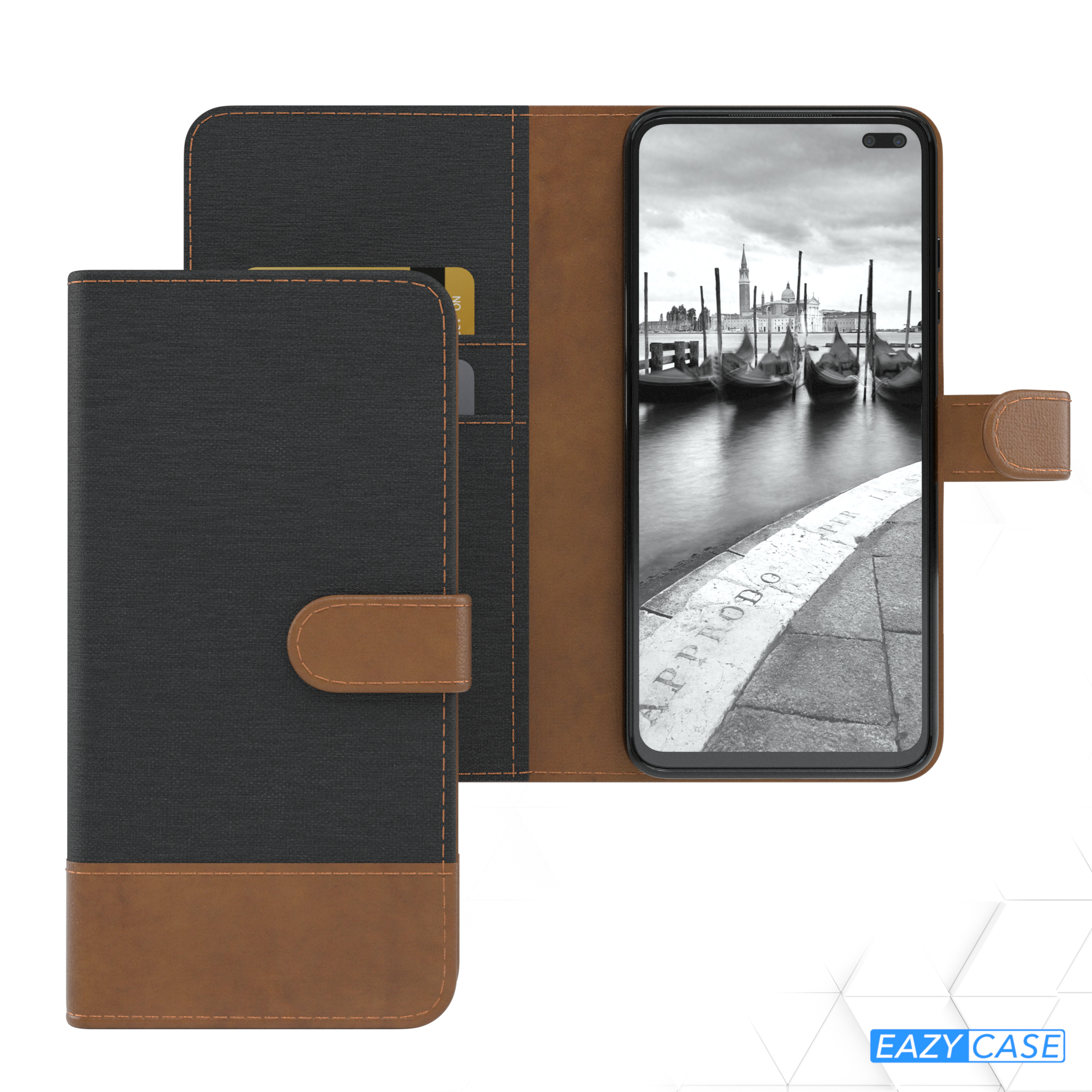 Geöffnete Handyhülle mit schwarz-braunem Design, Venedig-Foto.
