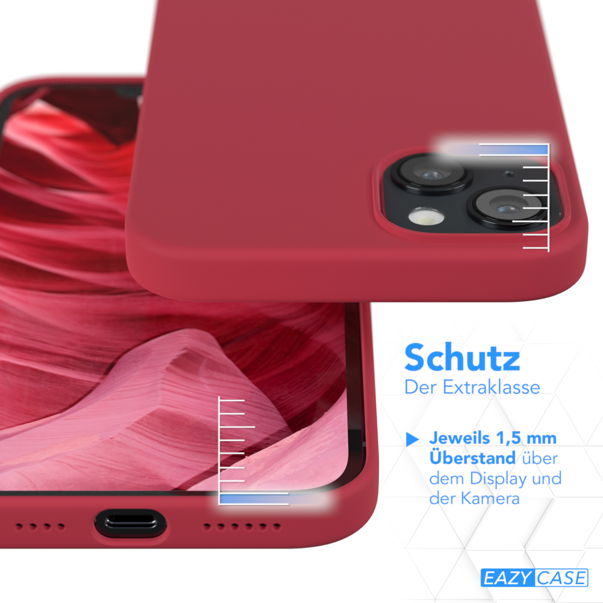 Rote Handyhülle auf einem Handy, mit Text und weißem Hintergrund.