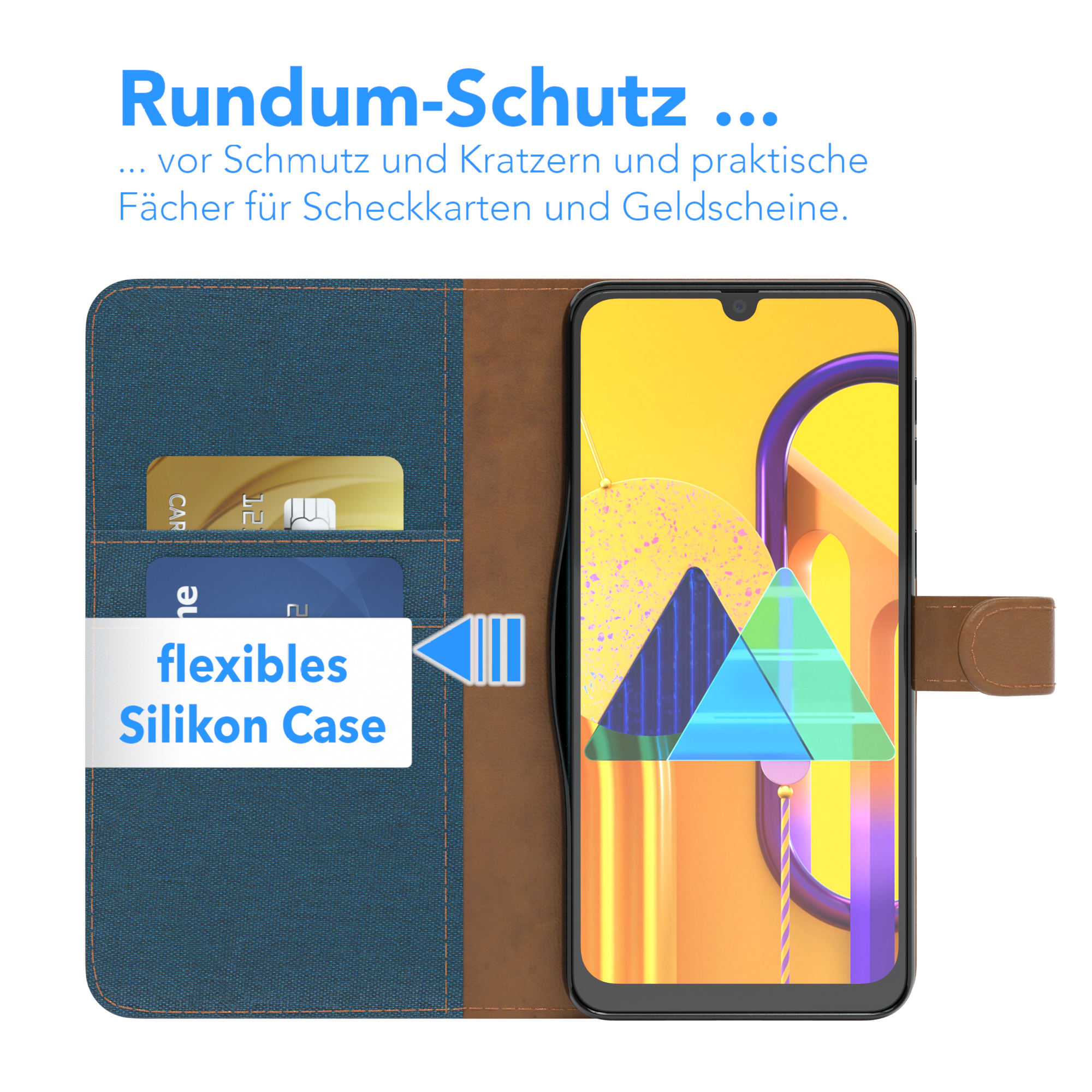 Handyhülle mit Kreditkartenfächern. Telefon mit farbigem Hintergrund. Text: 'flexibles Silikon Case'.