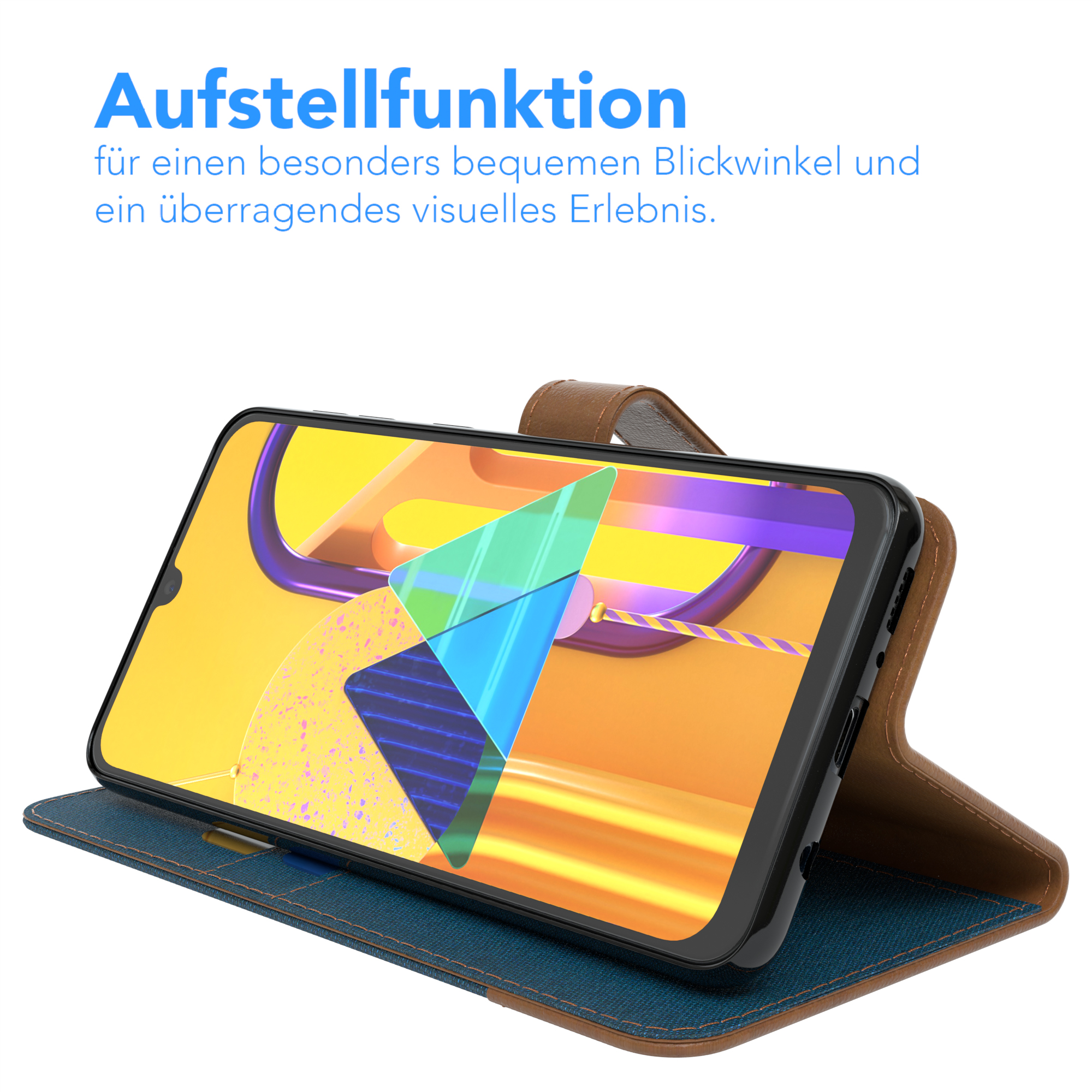 Telefon in einer Hülle, aufgestellt. Braune Lederhülle. Blauer Innenraum. Text: Aufstellfunktion.