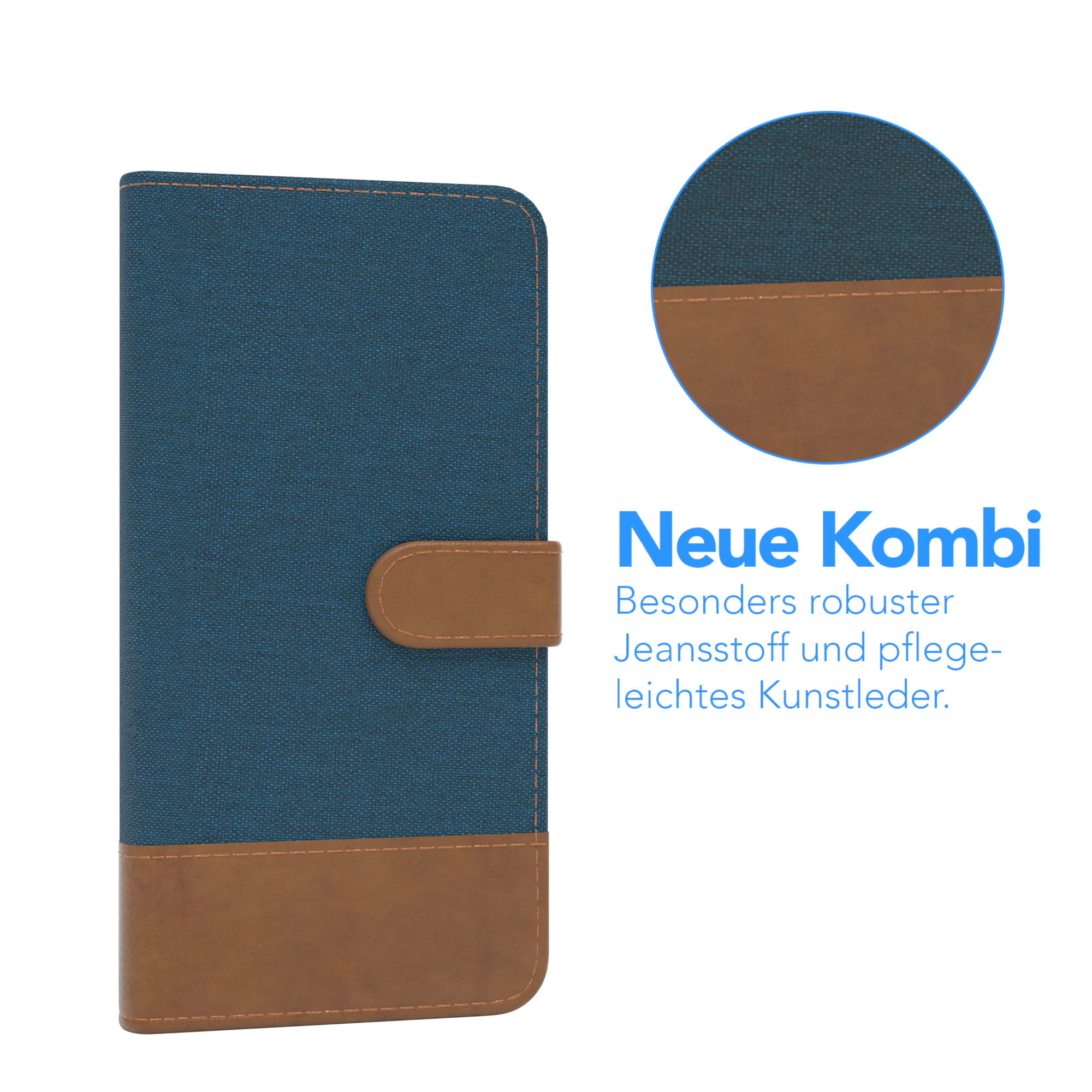 Blau-braune Handyhülle. Die Hülle ist geschlossen. Text: Bes. robuster Jeansstoff und pflegeleichtes Kunstleder.