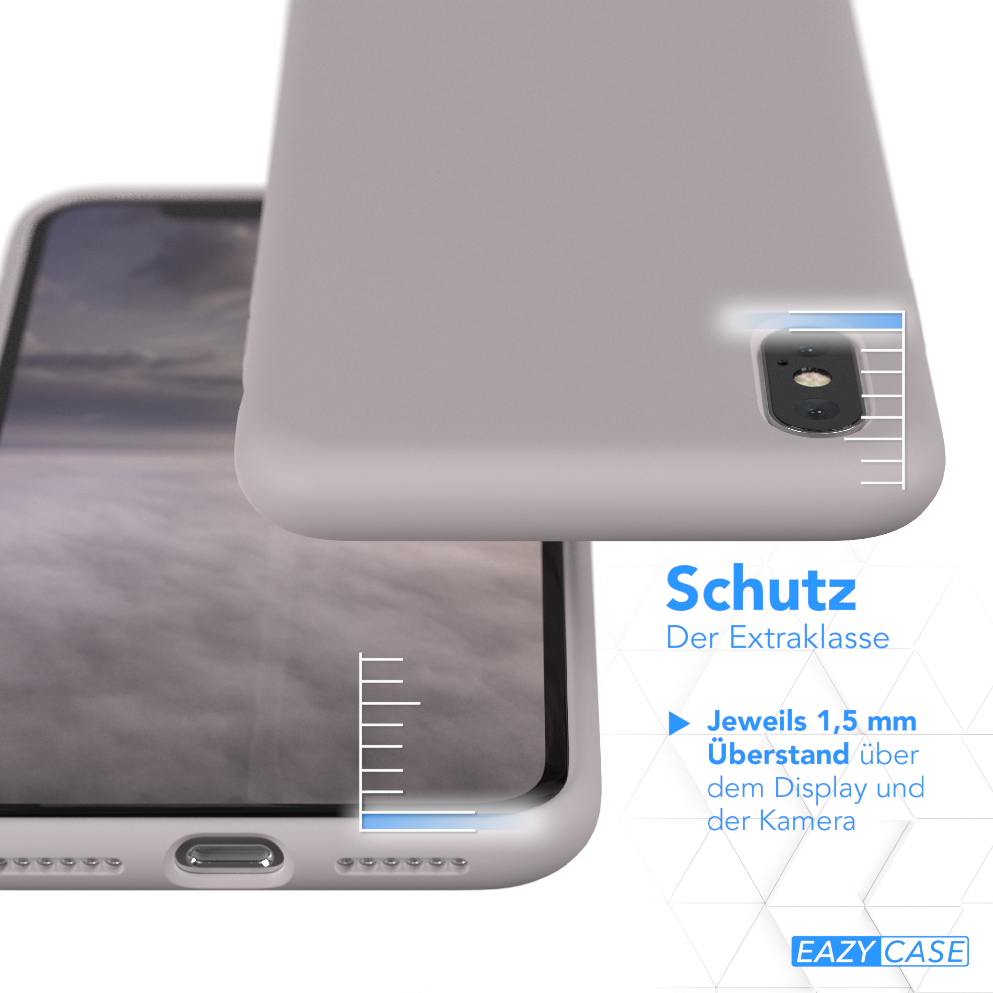 Nahaufnahme der Handyhülle, Rückseite und Oberseite zeigend. Text zeigt 1,5 mm Schutz für Display & Kamera.