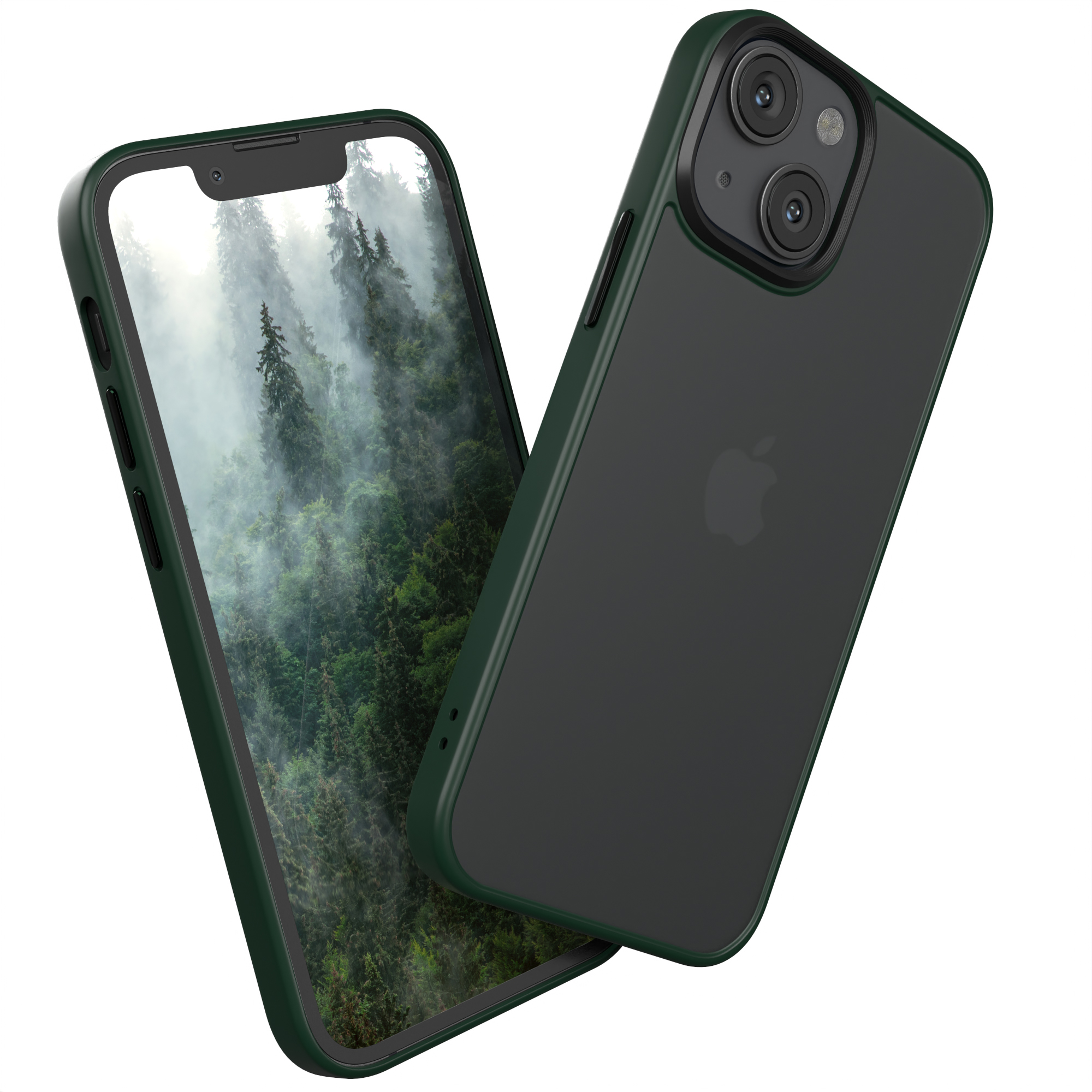 Dunkelgrüne Handyhülle mit Telefon und Apple-Logo auf der Rückseite.