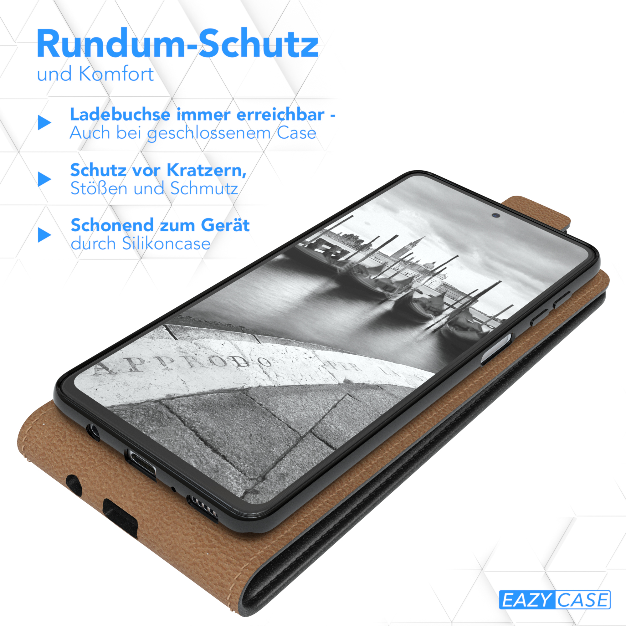 Handyhülle mit Telefon; zeigt Boote auf einem See im Bildschirm.
