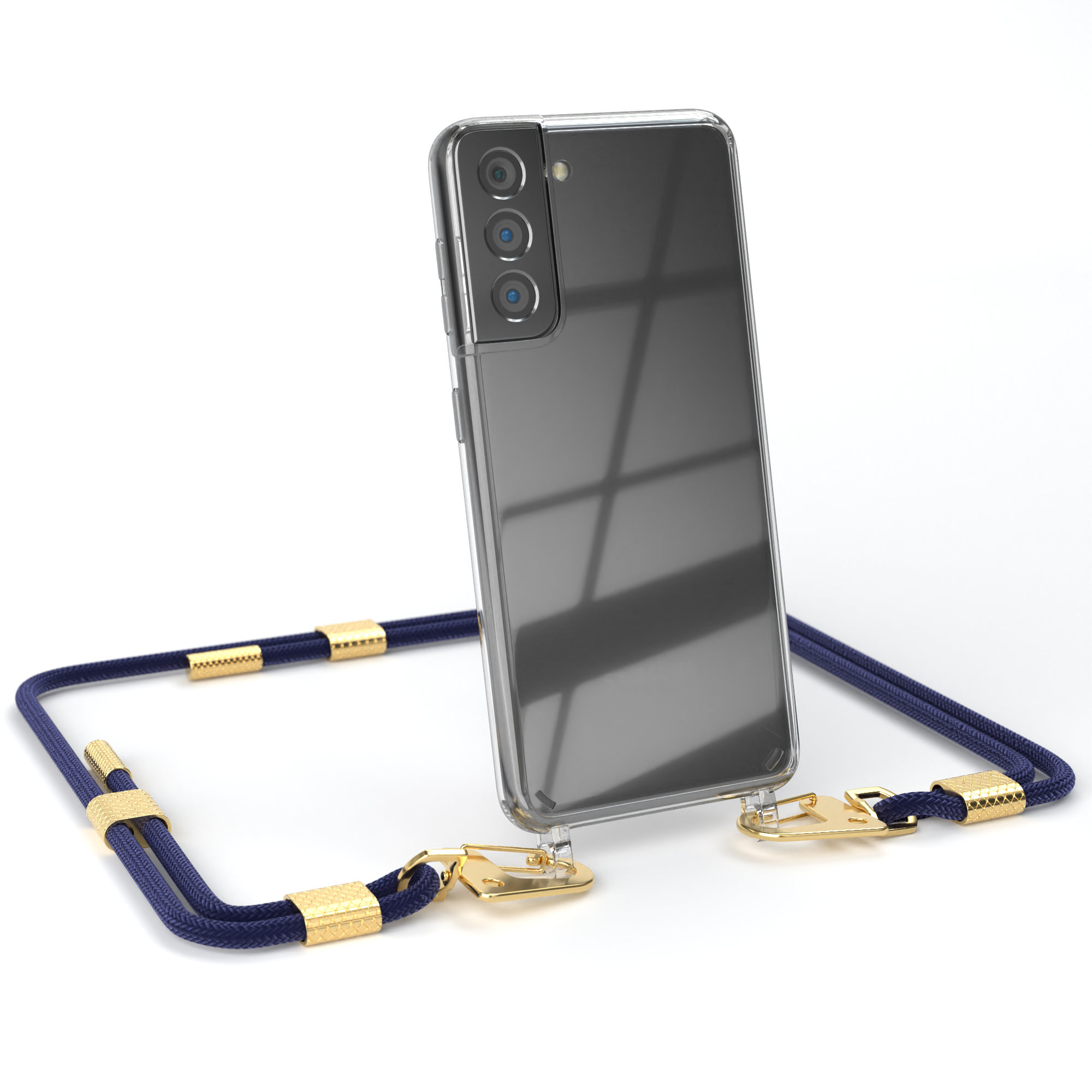 Ein Telefon in einer transparenten Hülle mit marineblauem Riemen. Das Telefon hat mehrere Kameras.