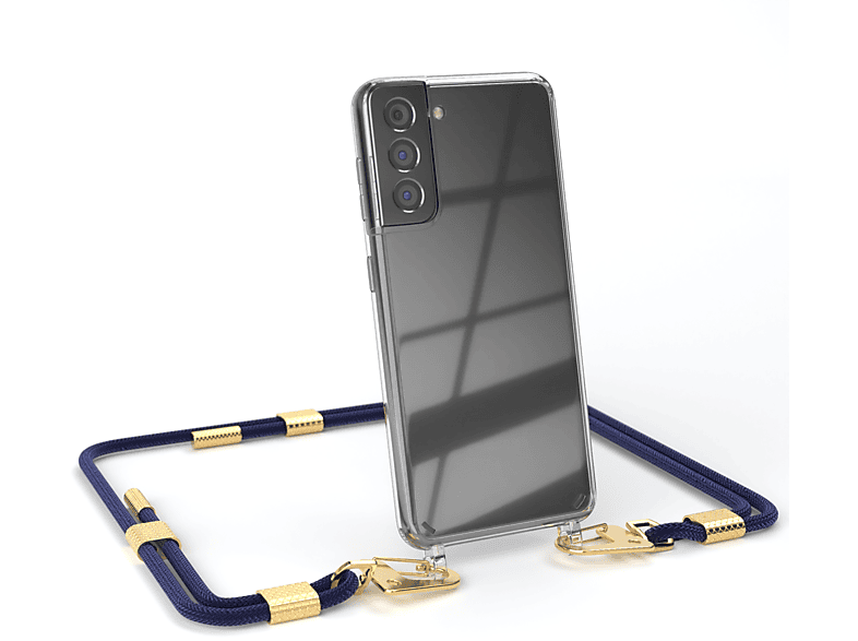 EAZY CASE Transparente Handyhülle + Umhängetasche, Samsung, Galaxy Gold runder Karabiner, Nachtblau 5G, / Kordel S21 mit