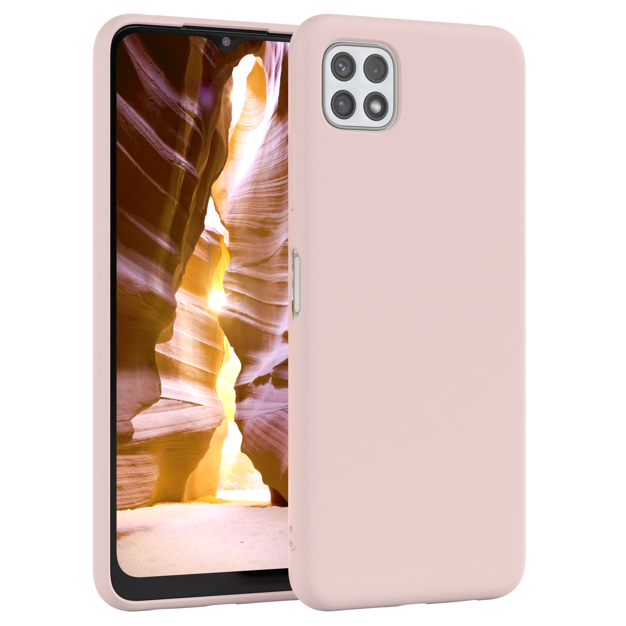 Rosa Handyhülle mit Telefon darin. Der Hintergrund zeigt einen Canyon mit Sonnenlicht.