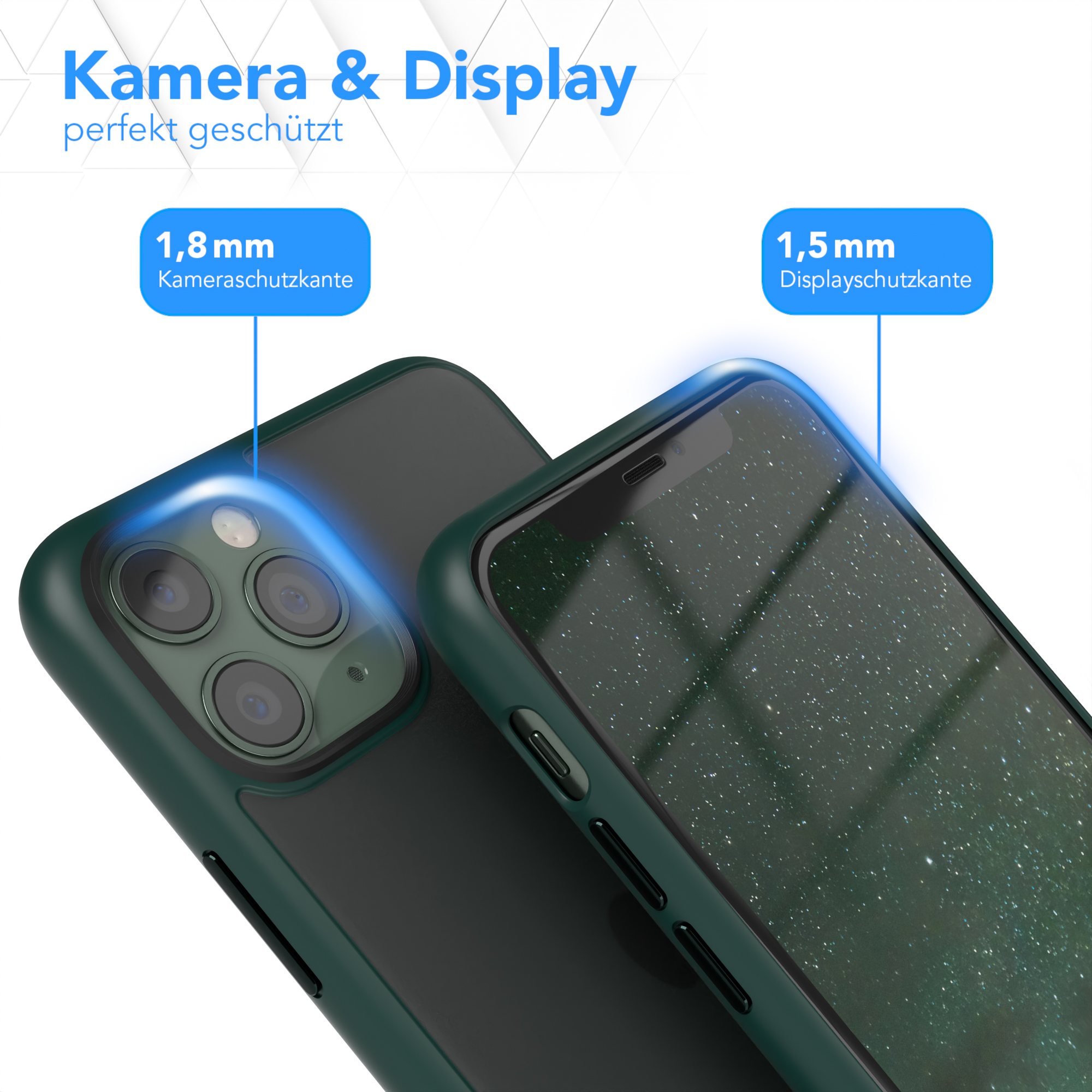 Nahaufnahme einer Handyhülle, die Kamera- und Displayschutz zeigt, mit Etiketten.