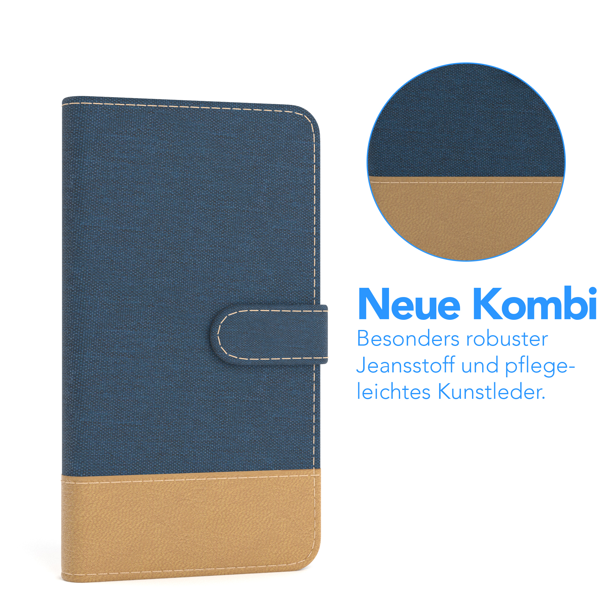Blaue Handyhülle mit braunem Boden. Text auf Deutsch: Neue Kombi, robuster Jeansstoff und pflegeleichtes Leder.
