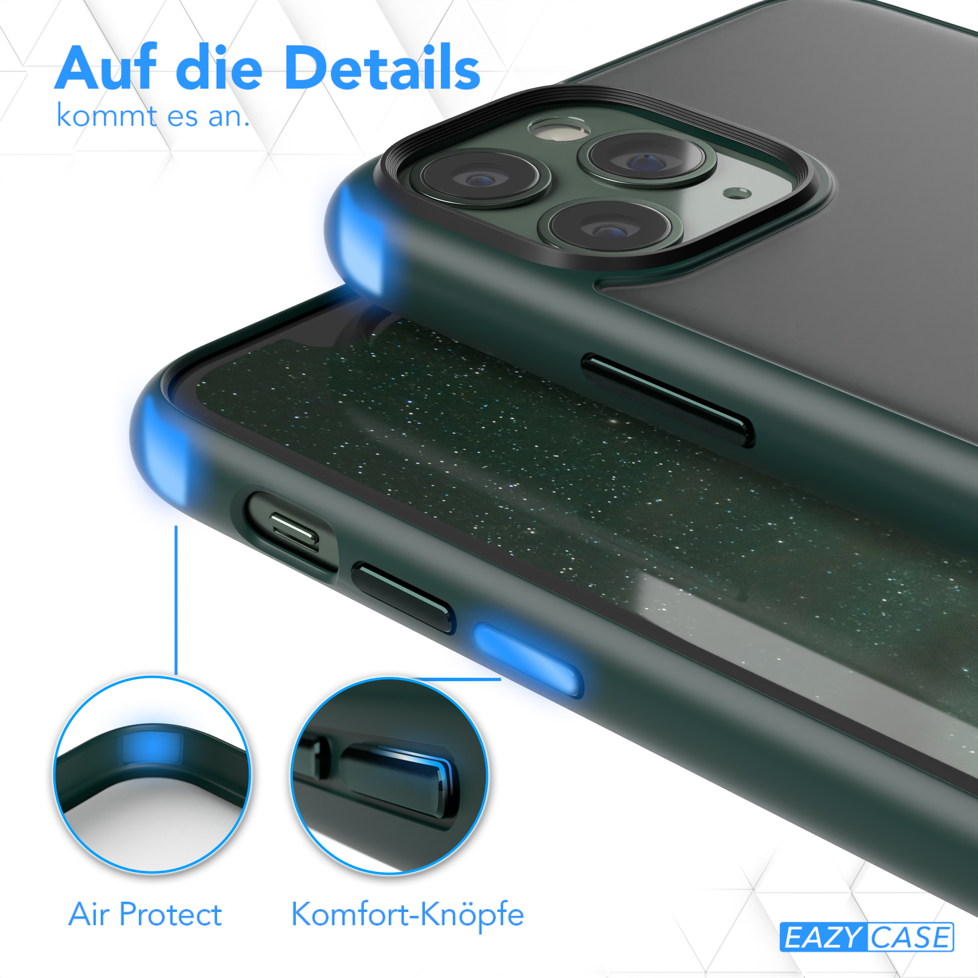 Nahaufnahme einer Handyhülle mit blauen Akzenten, die die Air Protect- und Komforttasten hervorhebt.