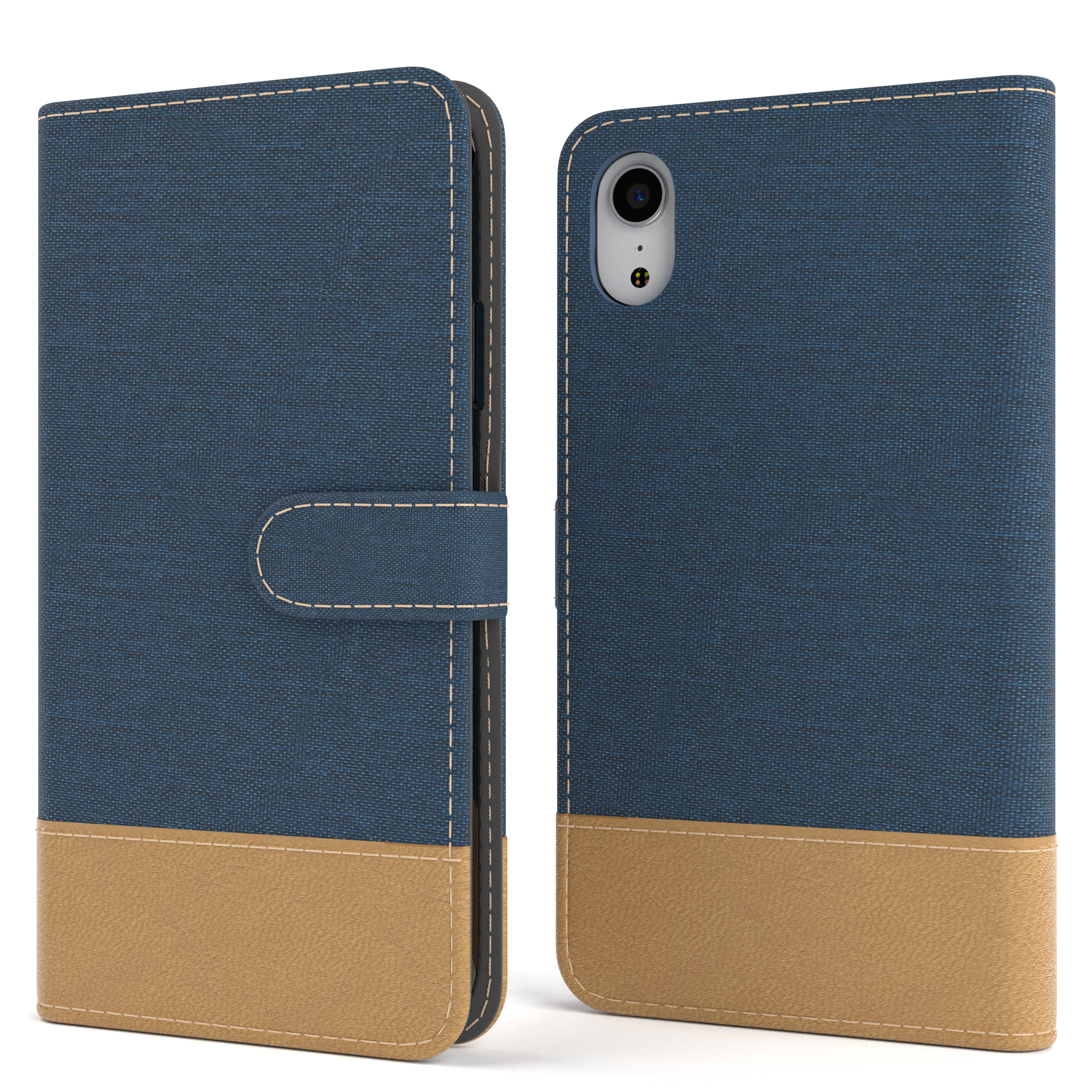 Blau-beige Handyhülle. Die Handyhülle ist offen. Weiße Nähte an den Seiten.