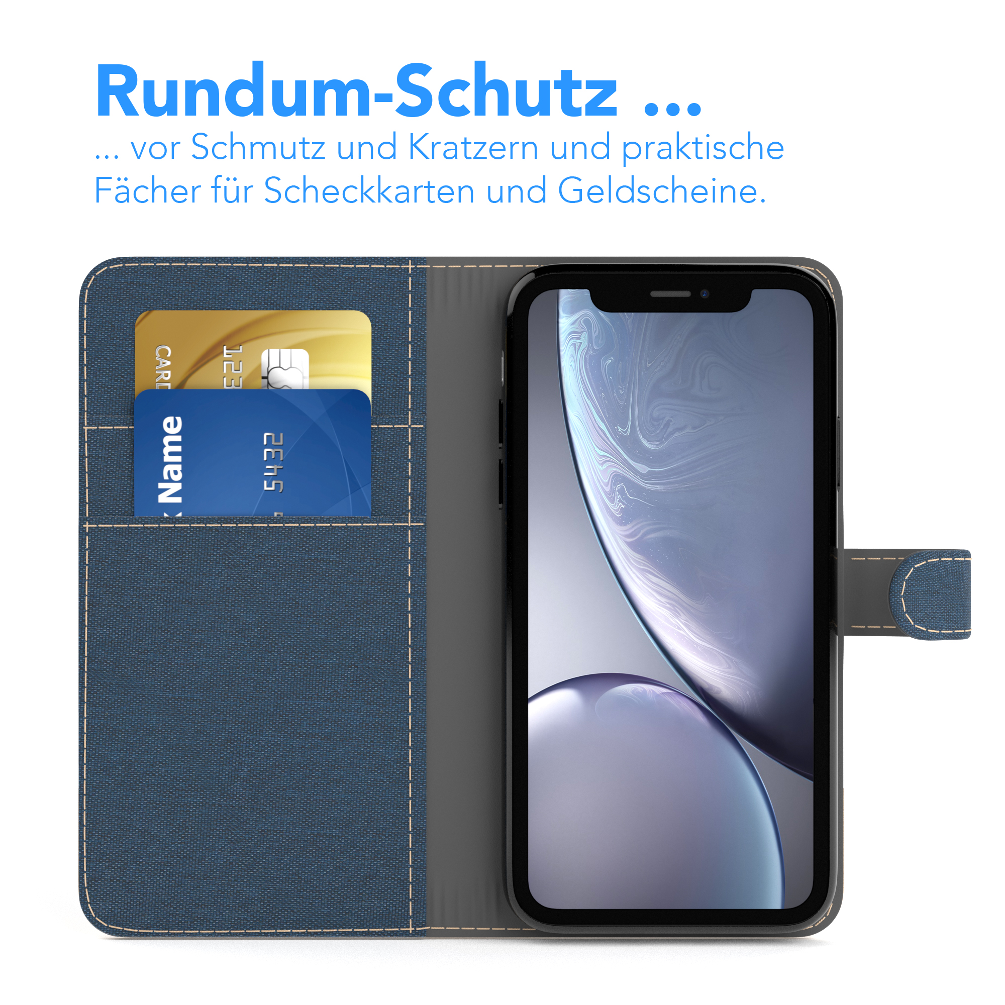 Ein Telefon in einer blauen Geldbörsenhülle, mit Kreditkarten in den Schlitzen. Die Hülle ist offen.