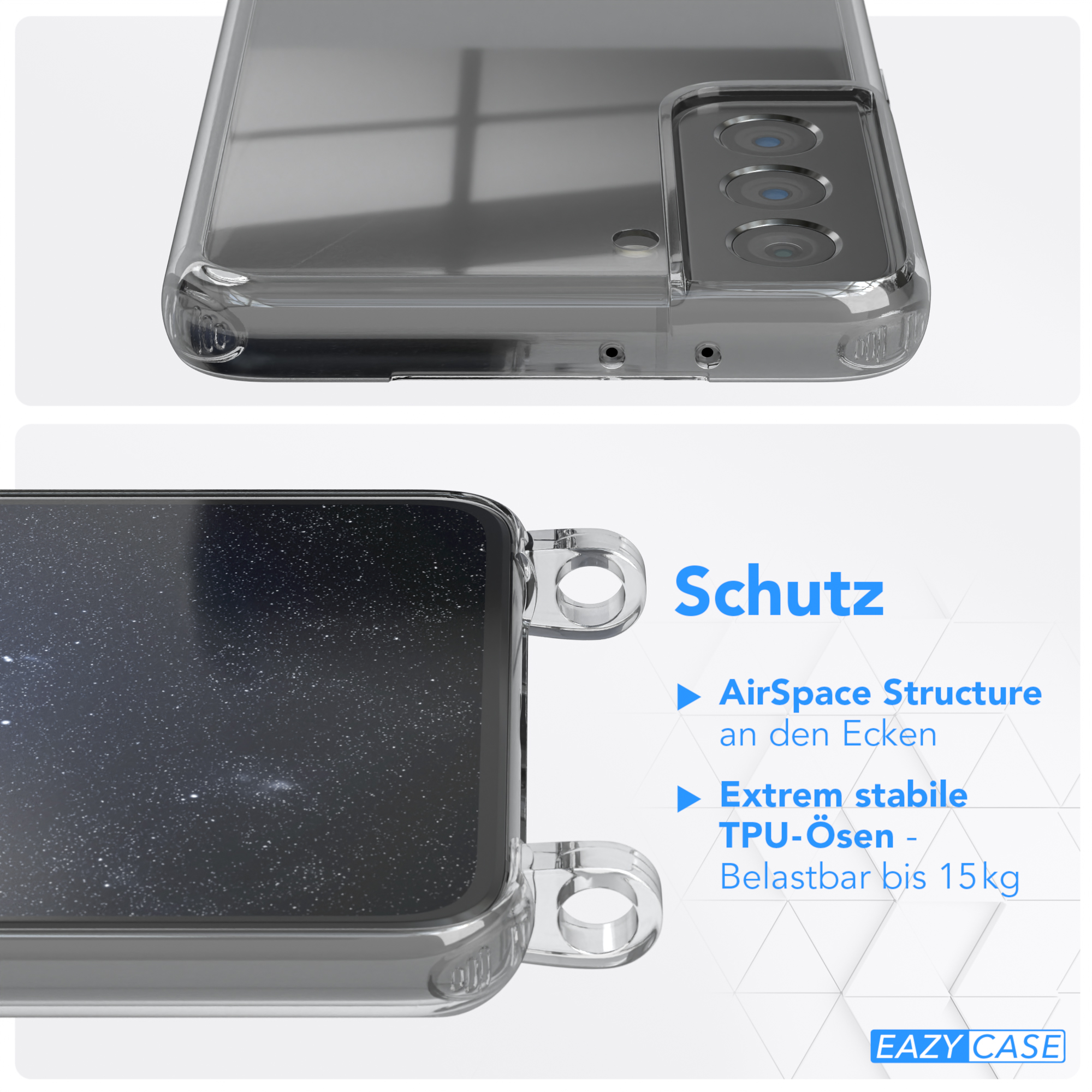 EAZY CASE Transparente Handyhülle Umhängetasche, Nachtblau Karabiner, Samsung, Gold runder / S21 mit Galaxy 5G, Kordel 