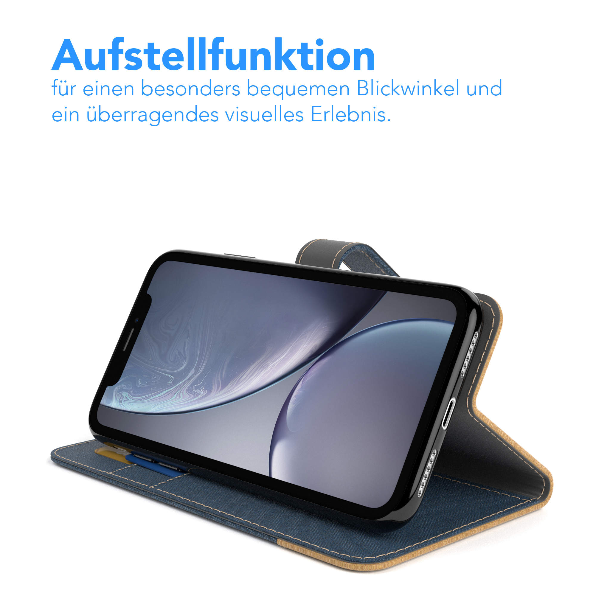 Ein Telefon befindet sich in einer Hülle. Der Telefonbildschirm ist sichtbar.
