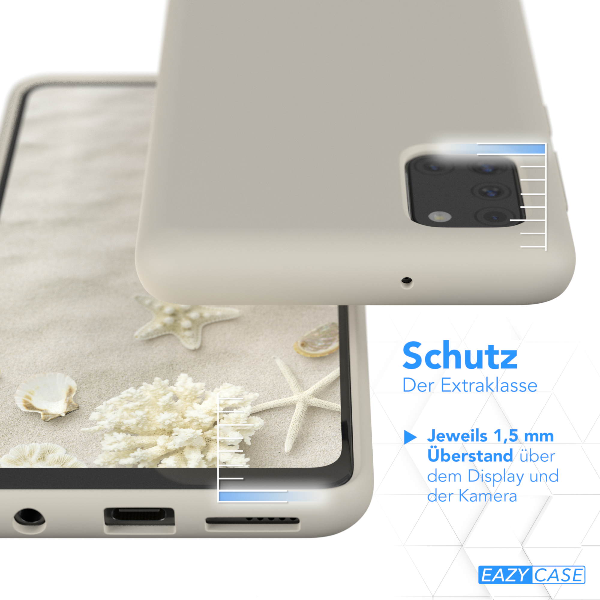 Handyhülle auf sandigem Untergrund mit Muscheln und Telefon.