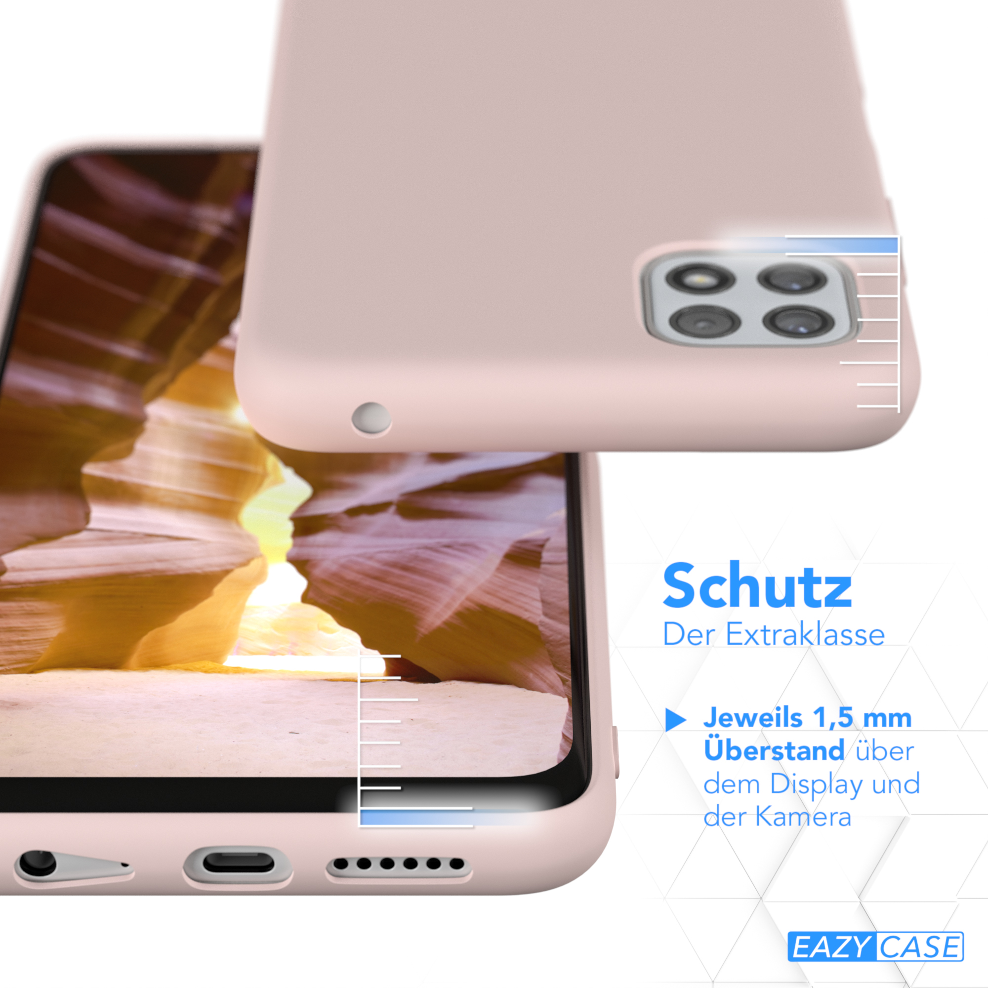 Ein rosa Handycase wird mit einem Telefon gezeigt, mit Text, der Bildschirm- und Kameraschutz anzeigt.