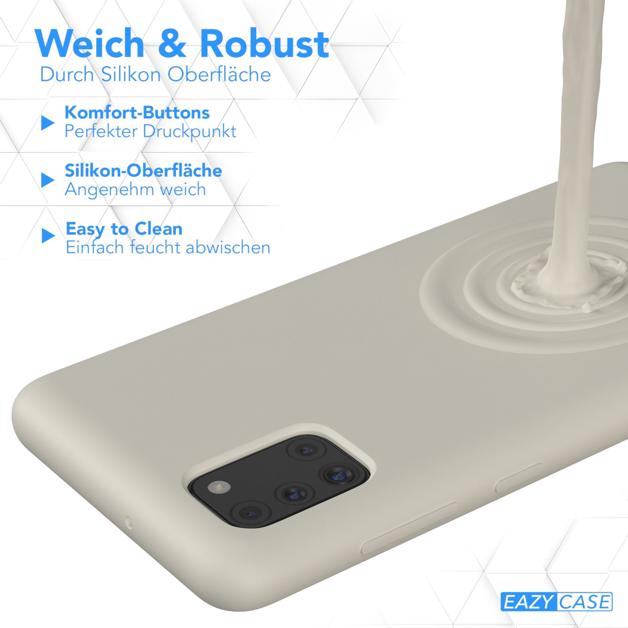 Weiße Handyhülle mit Flüssigkeit, die gegossen wird, zeigt die Oberfläche.