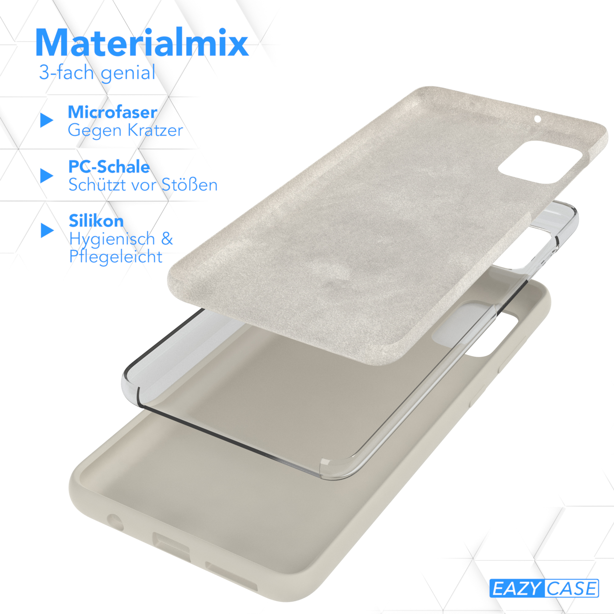 Handyhüllen-Schichten: Mikrofaser, PC-Schale und Silikon, Text: Materialmix.