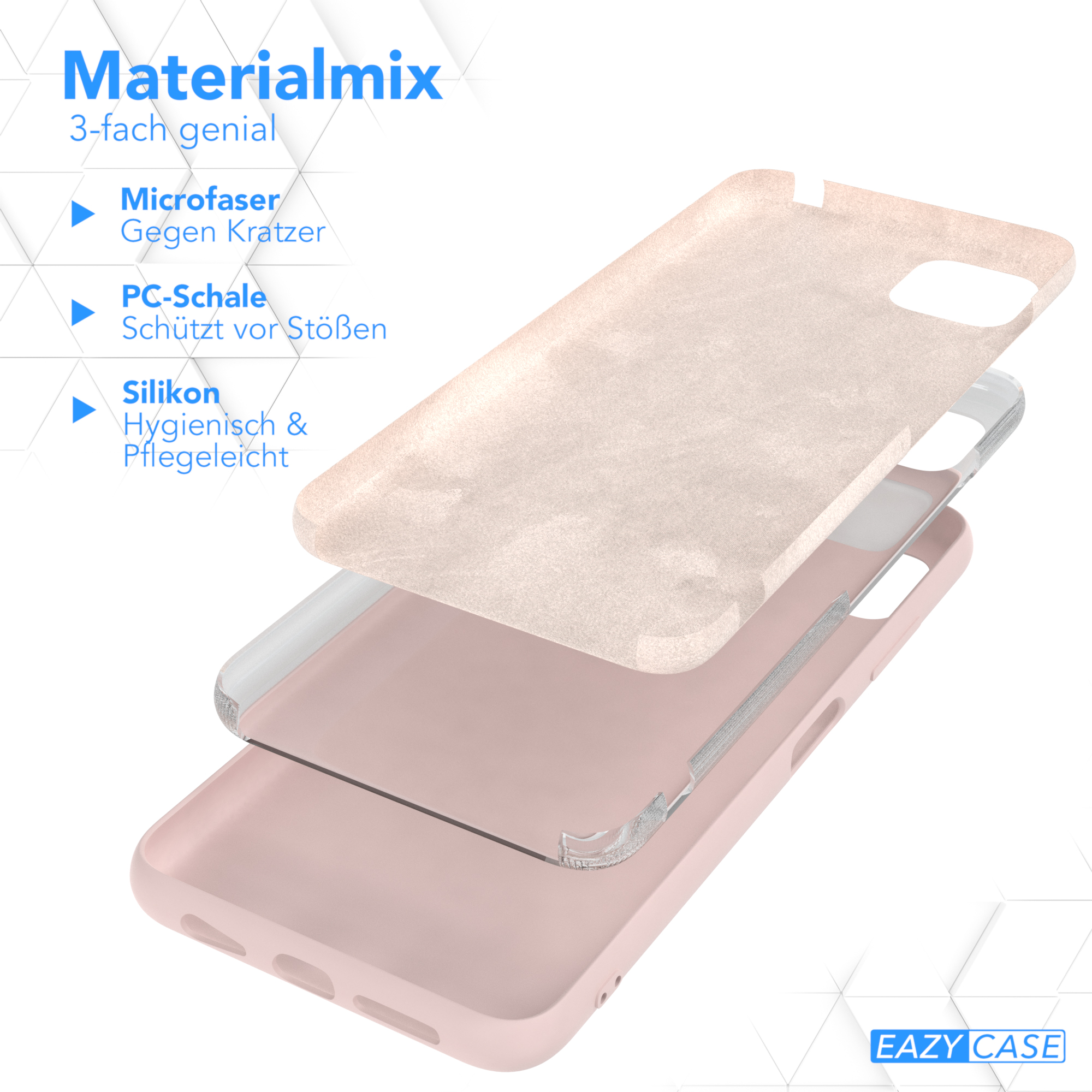 Eine Handyhülle mit drei Schichten. Text auf Deutsch beschreibt die Materialien: Mikrofaser, PC-Schale und Silikon.