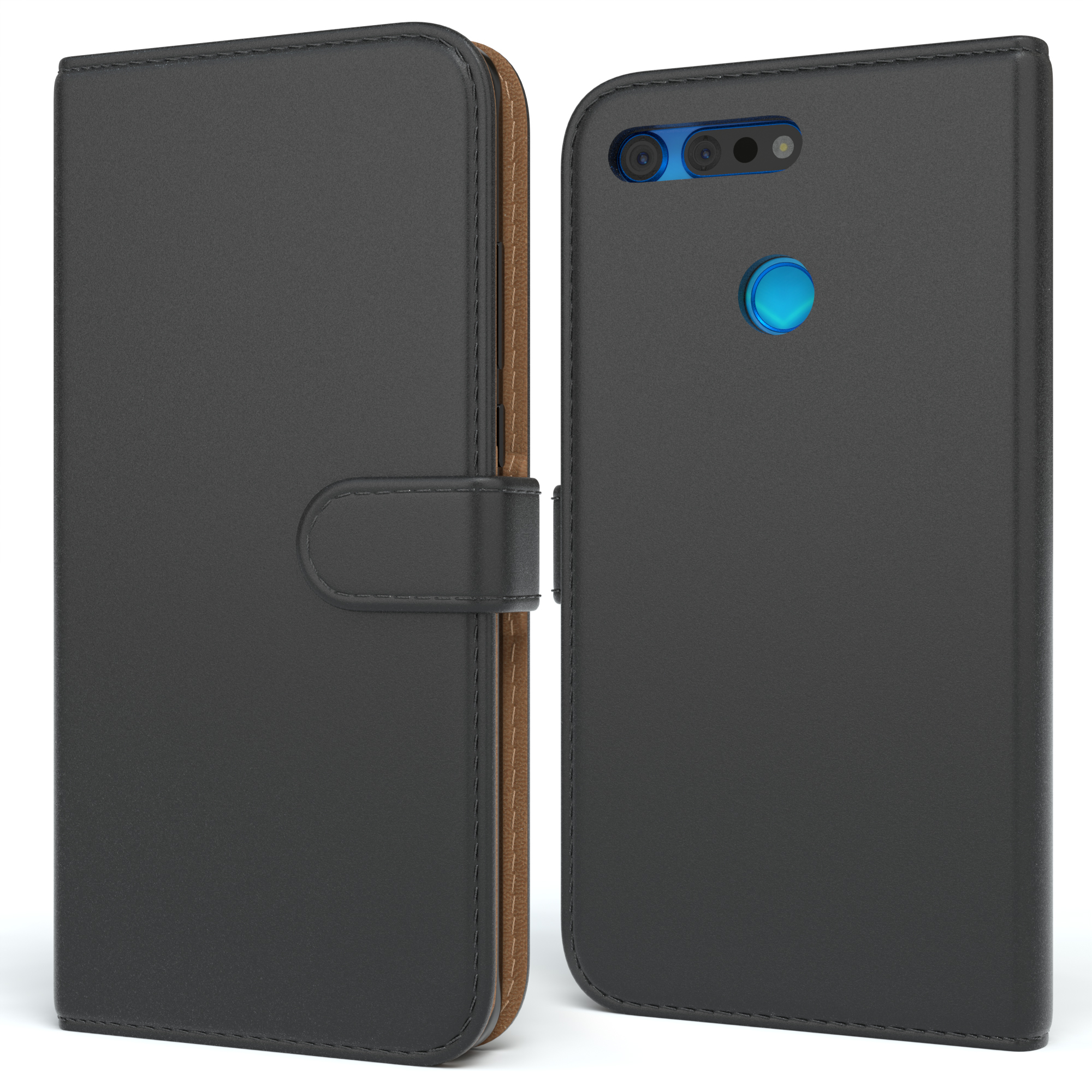 Schwarze Handyhülle, geschlossen und offen, die Innenseite mit einem Telefon zeigend.