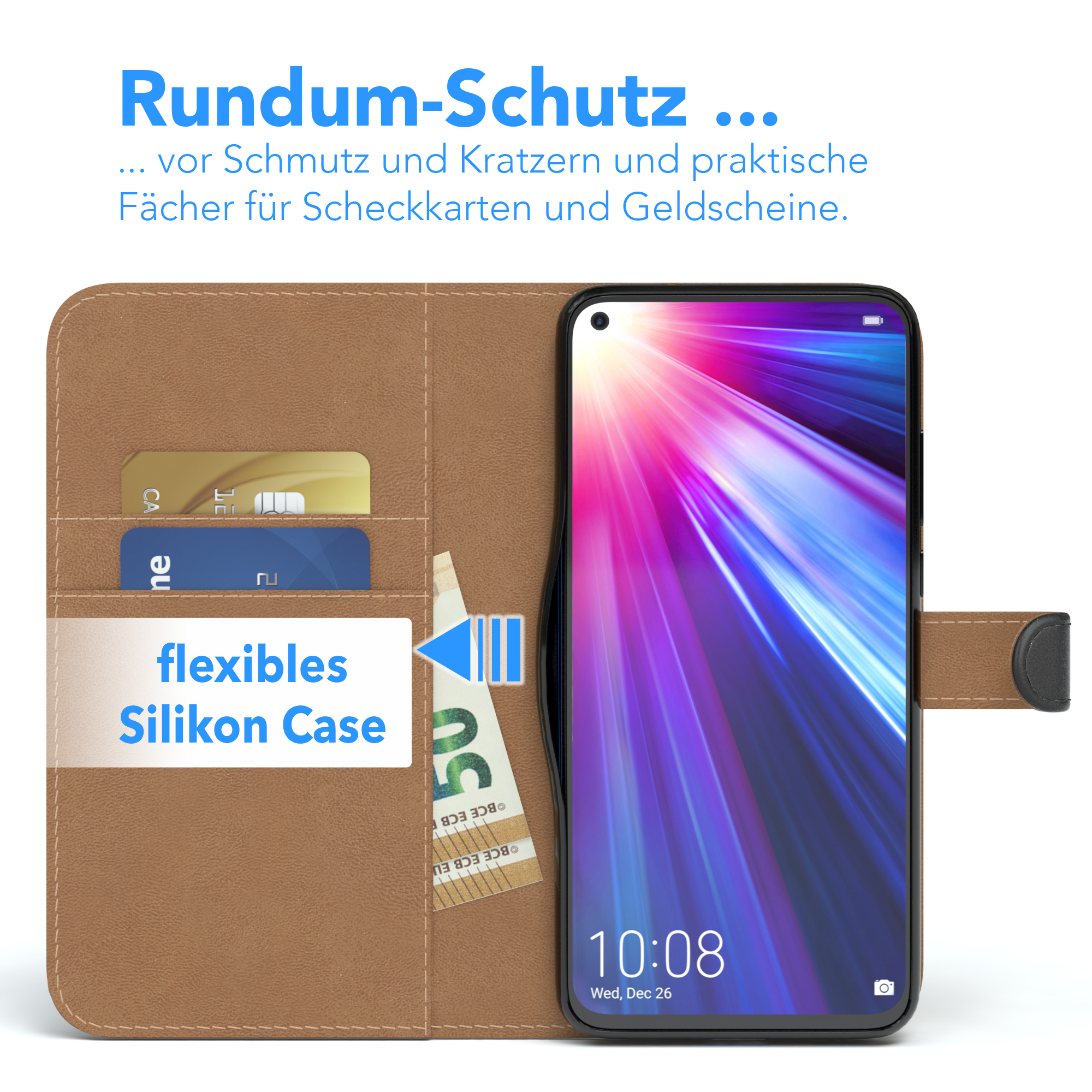 Braune Leder-Handyhülle mit Kartenfächern und einem Geldschein. Telefon zeigt die Uhrzeit.