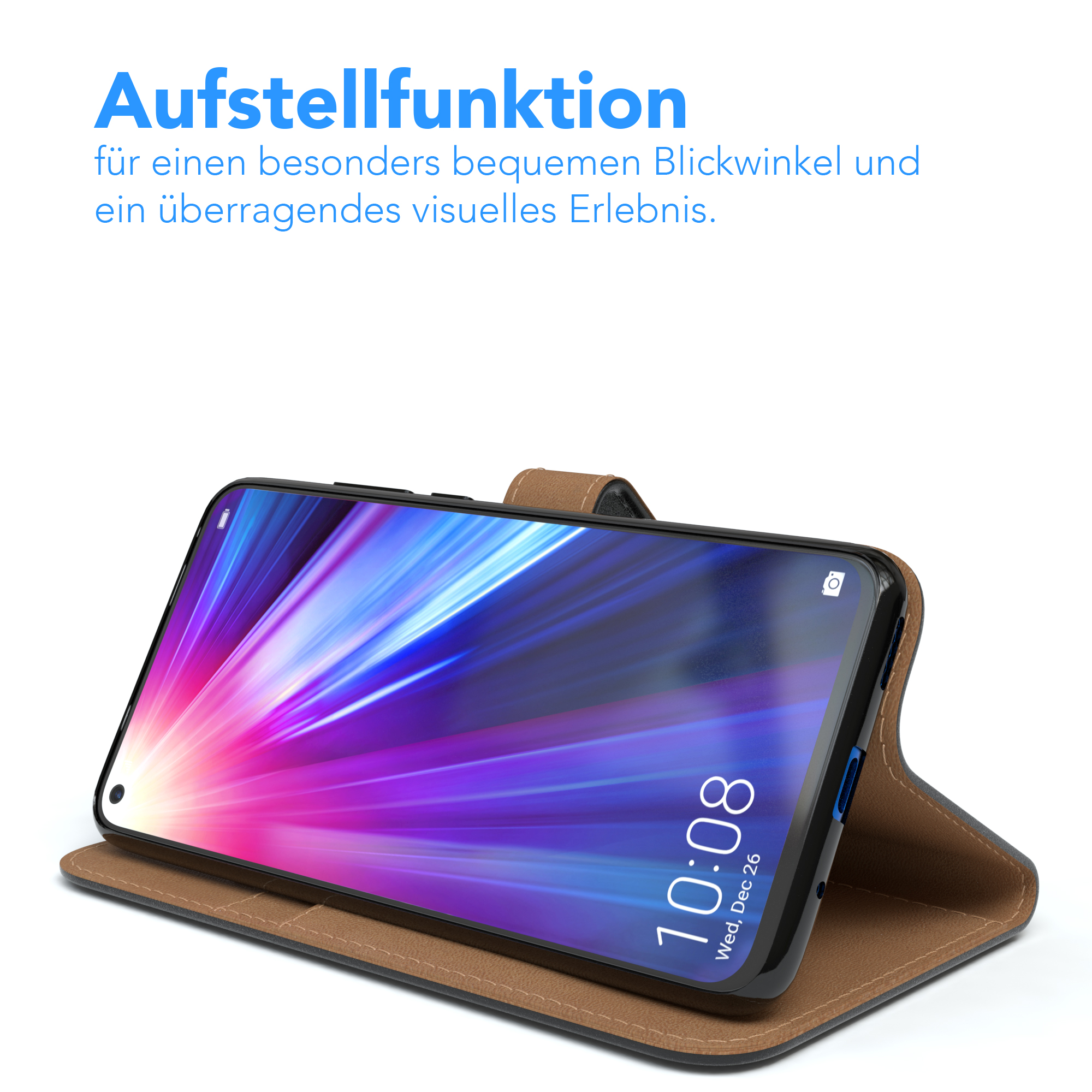 Telefon in einer Hülle, geöffnet und hochgestellt. Der Bildschirm zeigt Datum und Uhrzeit. Text: 'Aufstellfunktion'.