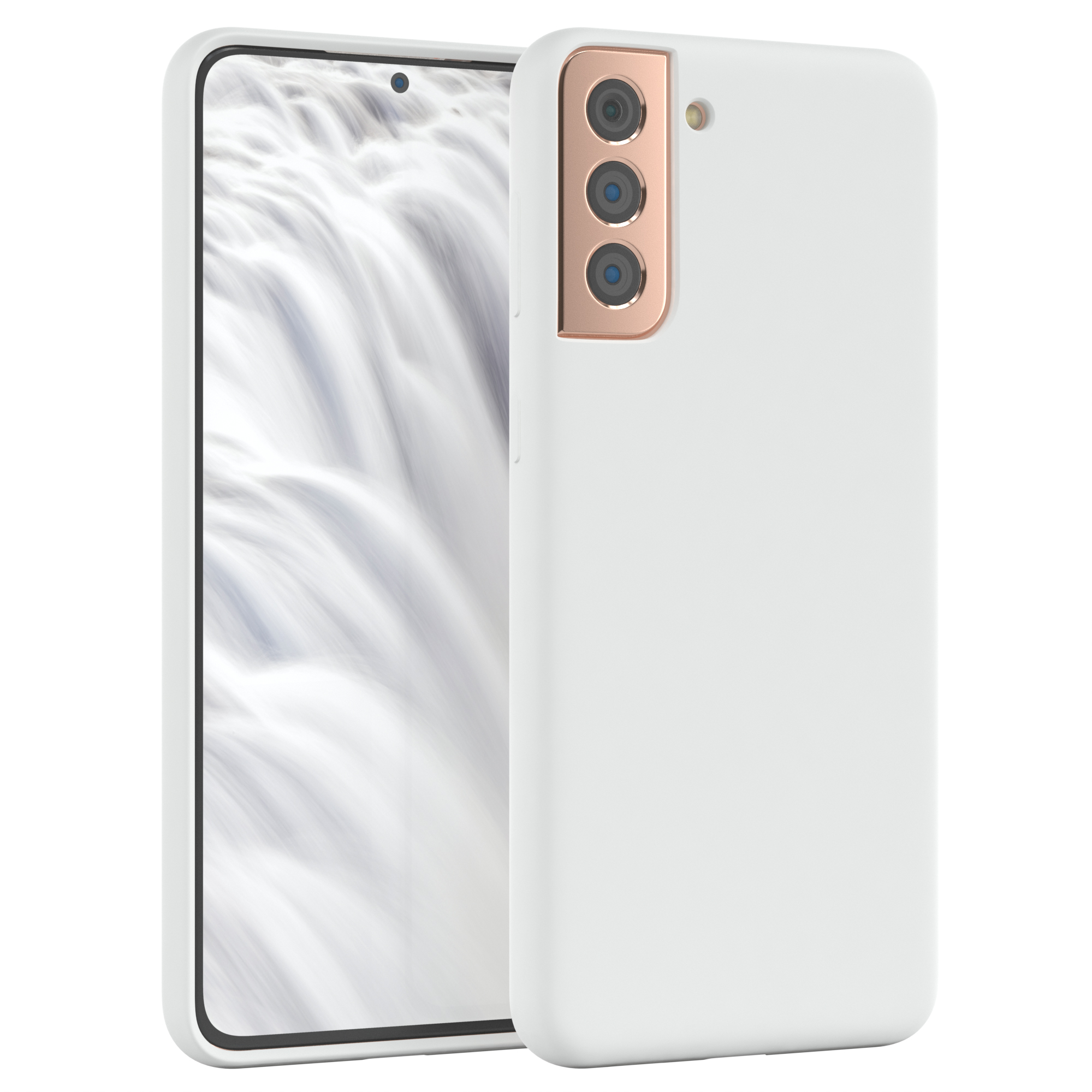 Weißes Telefon und Hülle mit weißem Hintergrund. Das Telefon hat drei Kameras.