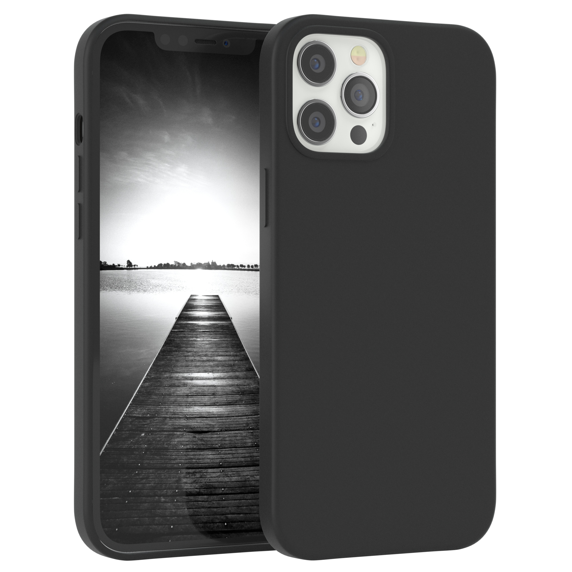 Schwarze Handyhülle mit einem Telefon, das ein Schwarzweißfoto eines Stegs zeigt.