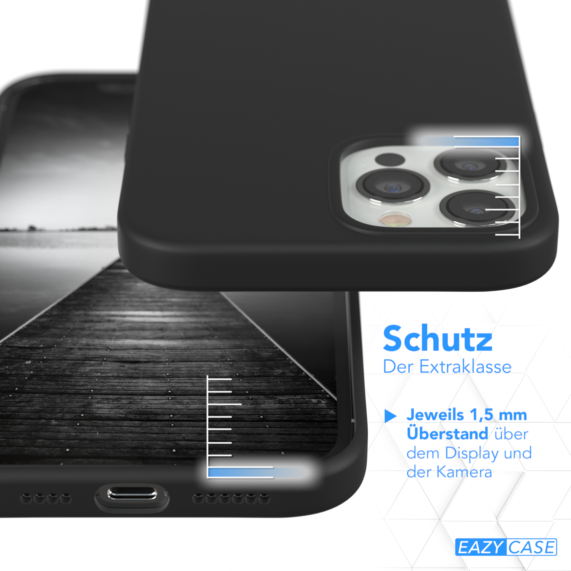 Schwarze Handyhülle mit Lineal und Text auf Deutsch: Schutz, Extraklasse, 1,5 mm über Display und Kamera.