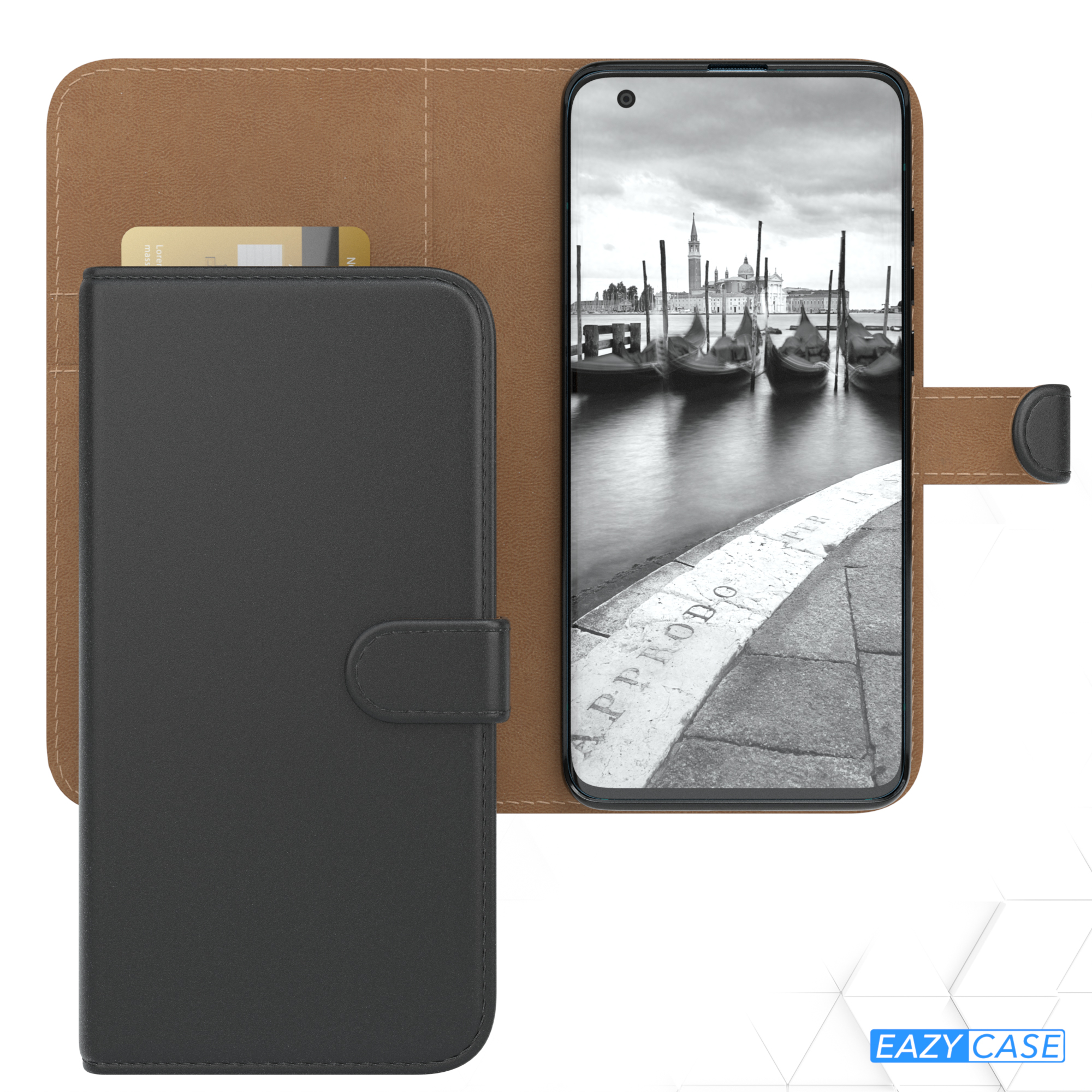 Schwarze Handyhülle offen, zeigt ein Telefon mit Venedig-Szene. Braune Lederhülle.