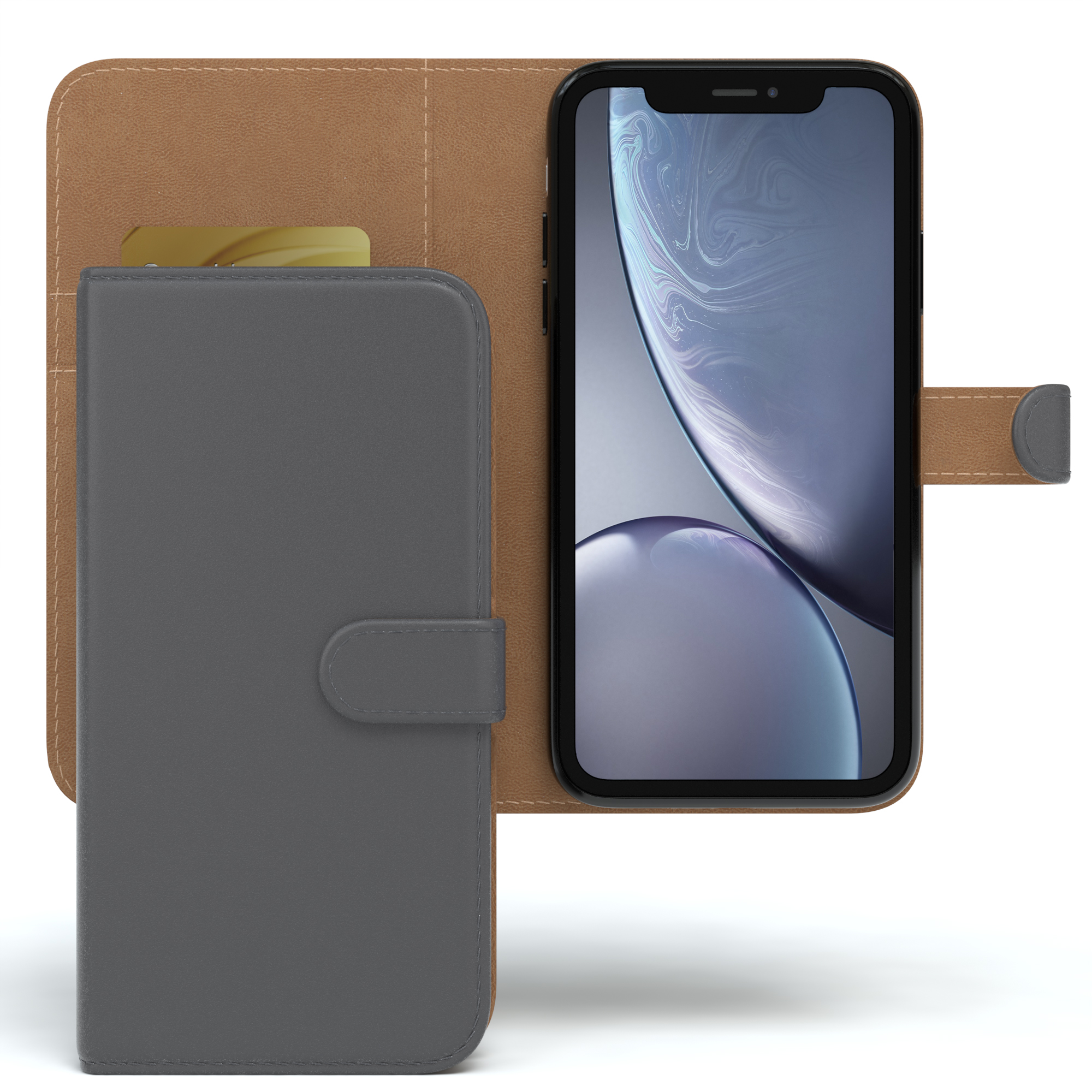 Graue Handyhülle mit braunem Leder innen. Telefon zeigt ein abstraktes weiß-blaues Bild.