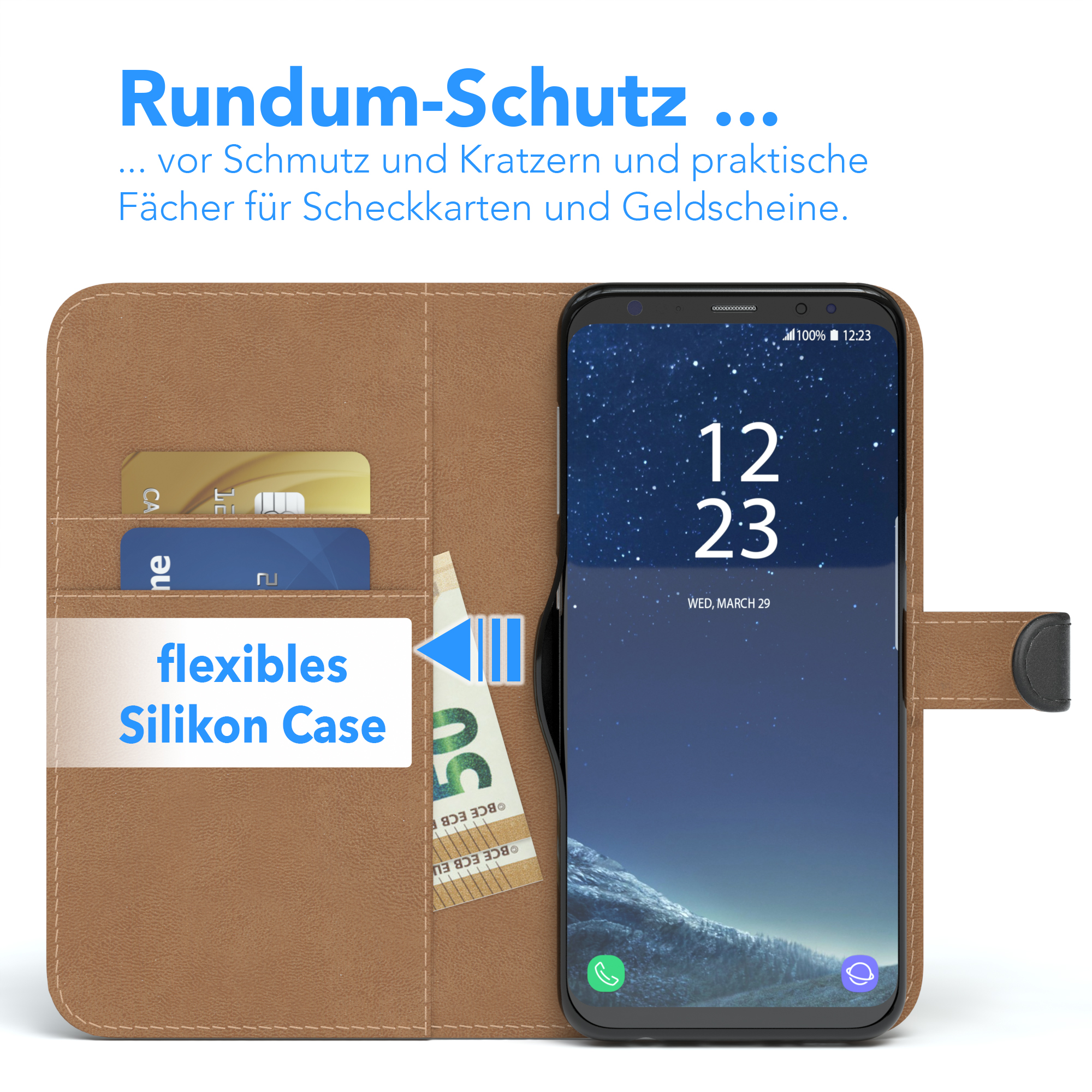Geöffnete Handyhülle, mit Fächern für Karten und Geld. Der Bildschirm zeigt Informationen. Text: 'flexibles Silikon Case'.